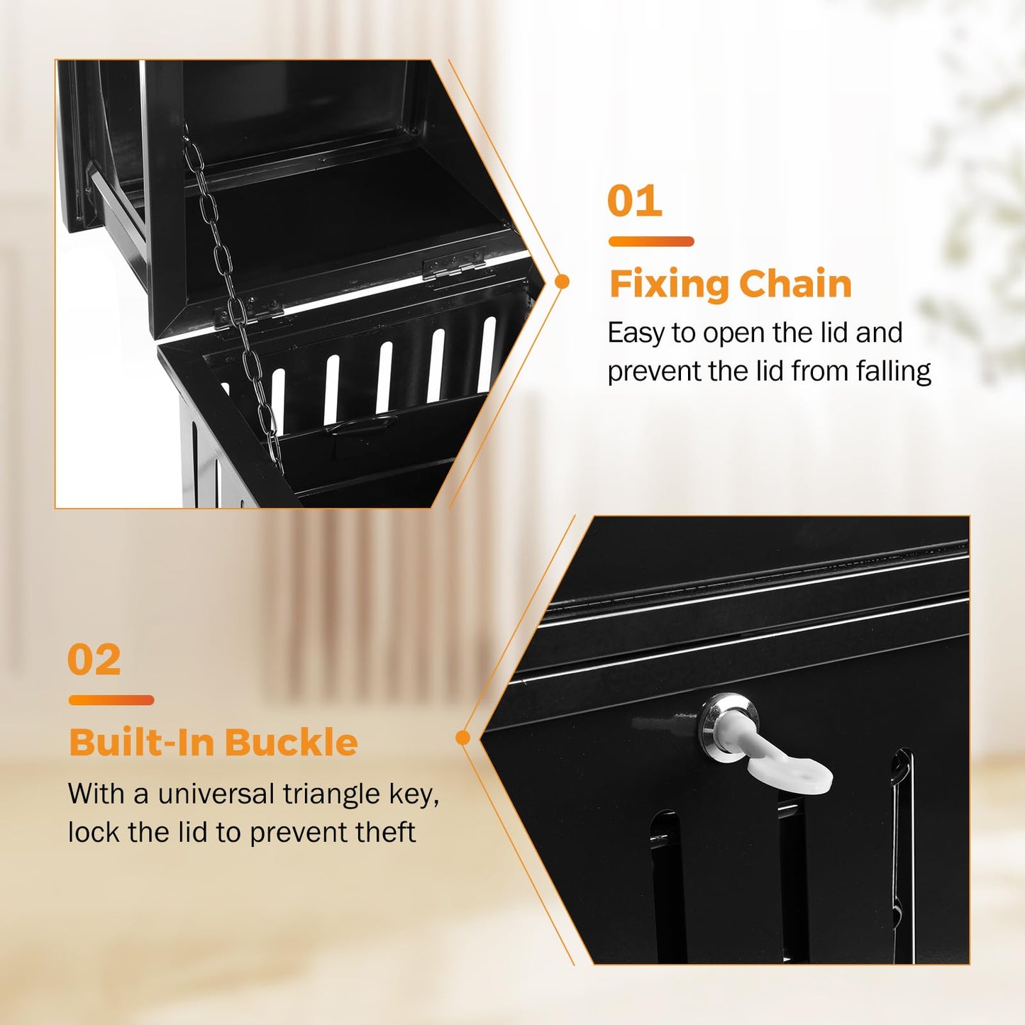 BEAMNOVA 15.8 * 15.8 * 35.5 in Black + 14.6 * 32.7 in Metallic Trash Can Stainless Steel Commercial Garbage Enclosure with Lid