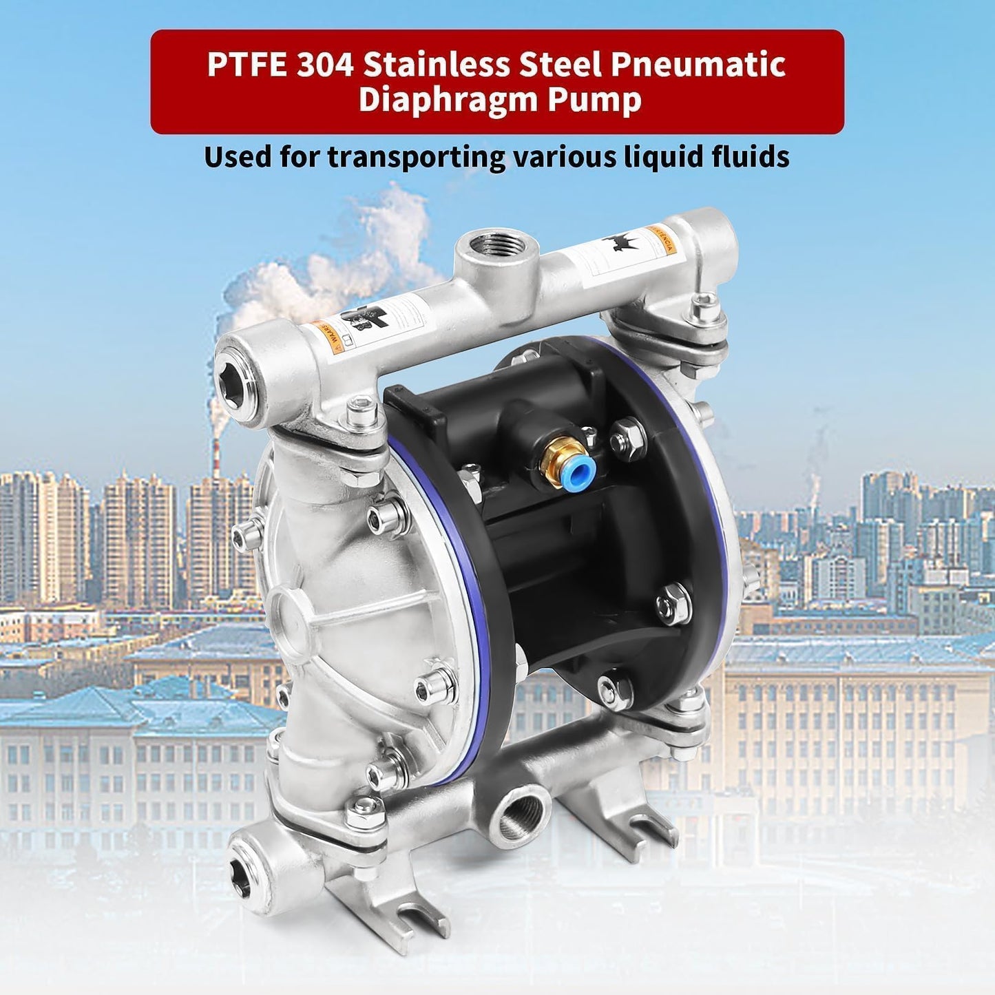 Nakkaa SS Pneumatic Double Diaphragm Pump Stainless Steel 8.8GPM1/2" In/Out Max 120PSI, Used to Transport Various Low Viscosity Liquids Such as Hydraulic Fluid, diesel, coating,etc