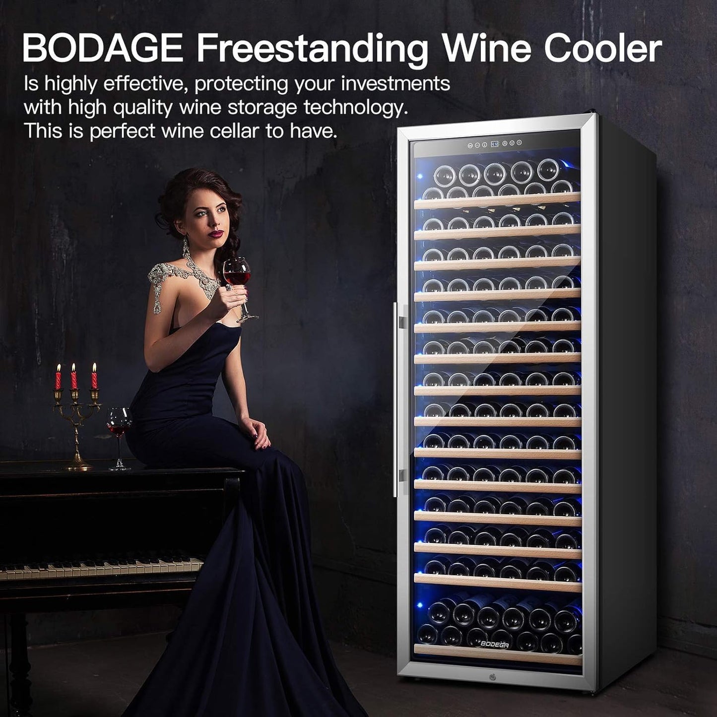 BODEGA 24 Inch Wine Cooler, 154 Bottle Large Refrigerator, Tall Freestanding Wine Fridge with Intelligent Temperature Memory & Humidity Control, Upgraded Quiet Compressor for Bedroom, Bar and Kitchen