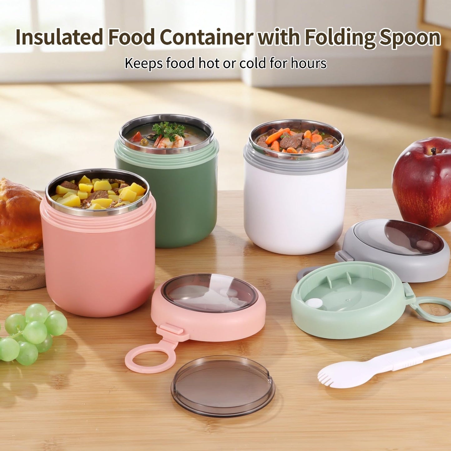 OMISTAR 6 Pcs Insulated Food Container Set with Folding Spoon, 17.9 oz Soup Thermal Cup, Stainless Steel Food Jar with Handle, Hot and Cold Food Container for School Office Picnic, Green, White, Pink