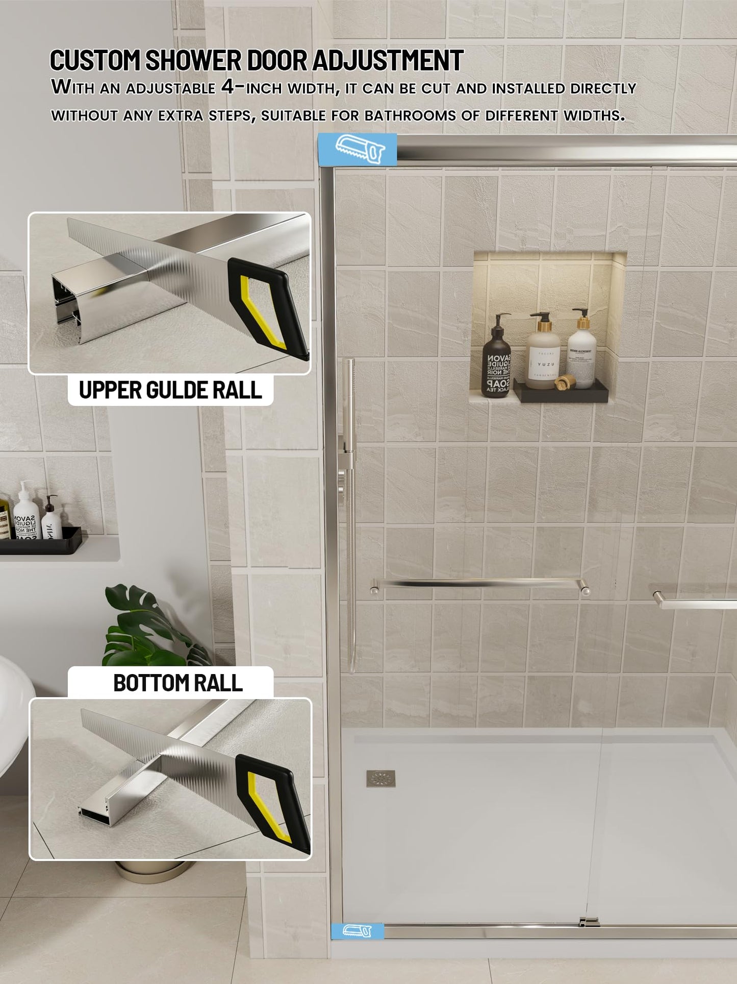 Glass Shower Door, 50-54" W x 72" H Sliding Shower Door, Aluminum Semi-Frameless & 1/4"(6mm) Clear Tempered with Explosion-Proof Film Nano Coating Shower Door Fit for Walk in Shower, Chrome Silver