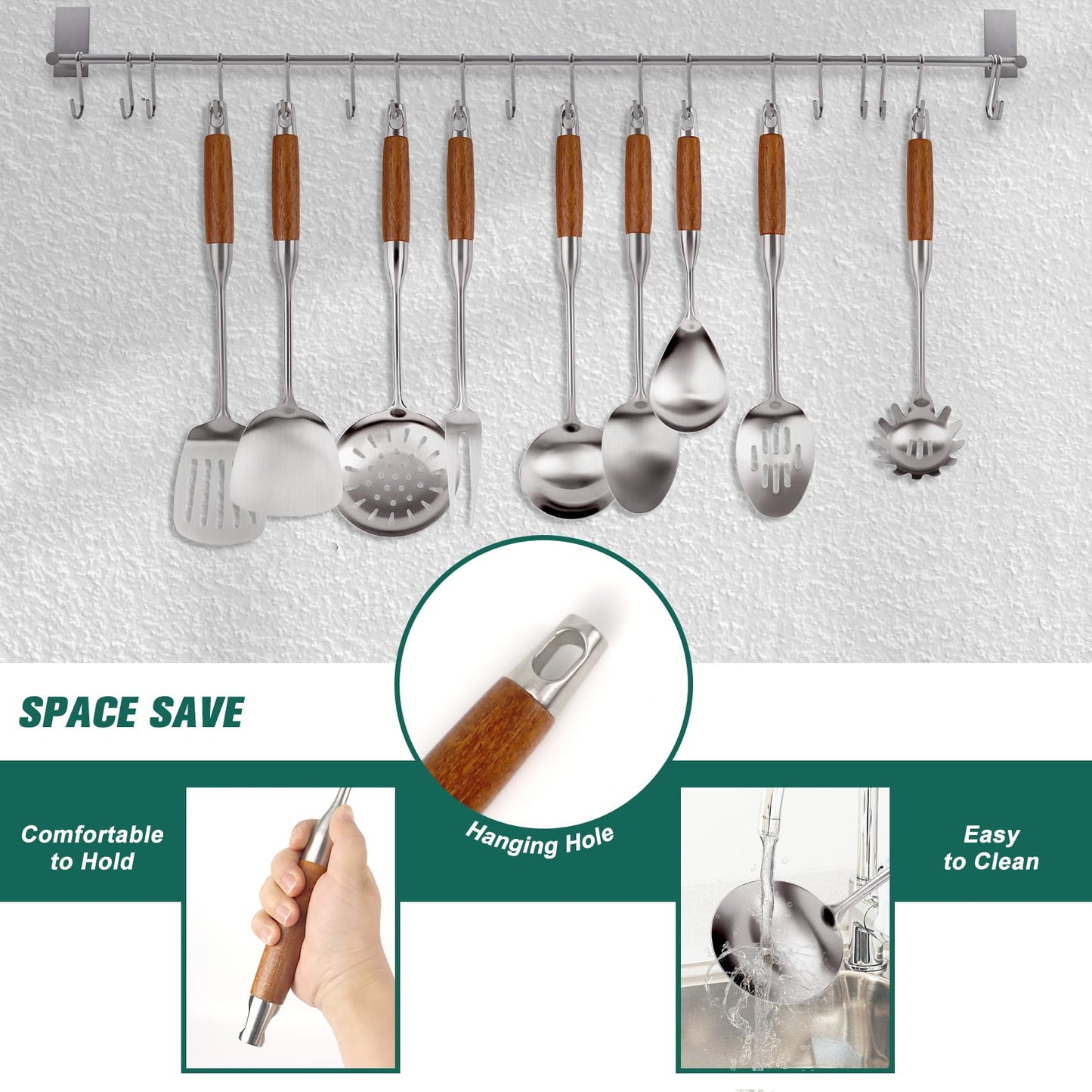 304 Stainless Steel Kitchen Utensils Set with Wooden Handle, 11 Pcs Long Heat Resistant Metal Cooking Utensils Set, Stainless Steel Cooking Utensils Set with Spatula, Turner, Solid and Slotted Spoon