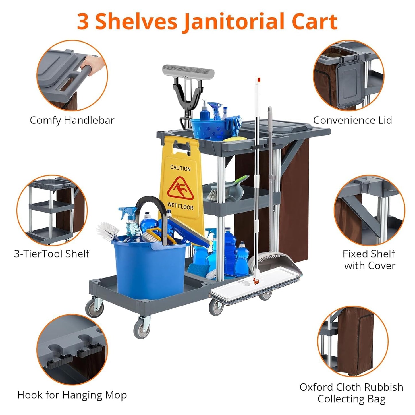 Commercial Traditional Janitorial 3-Shelf Cleaning Cart On Wheels with Cover and Vinyl Bag, Custodial Cart, Housekeeping Carts for Hotels, Stores, Schools, and Business