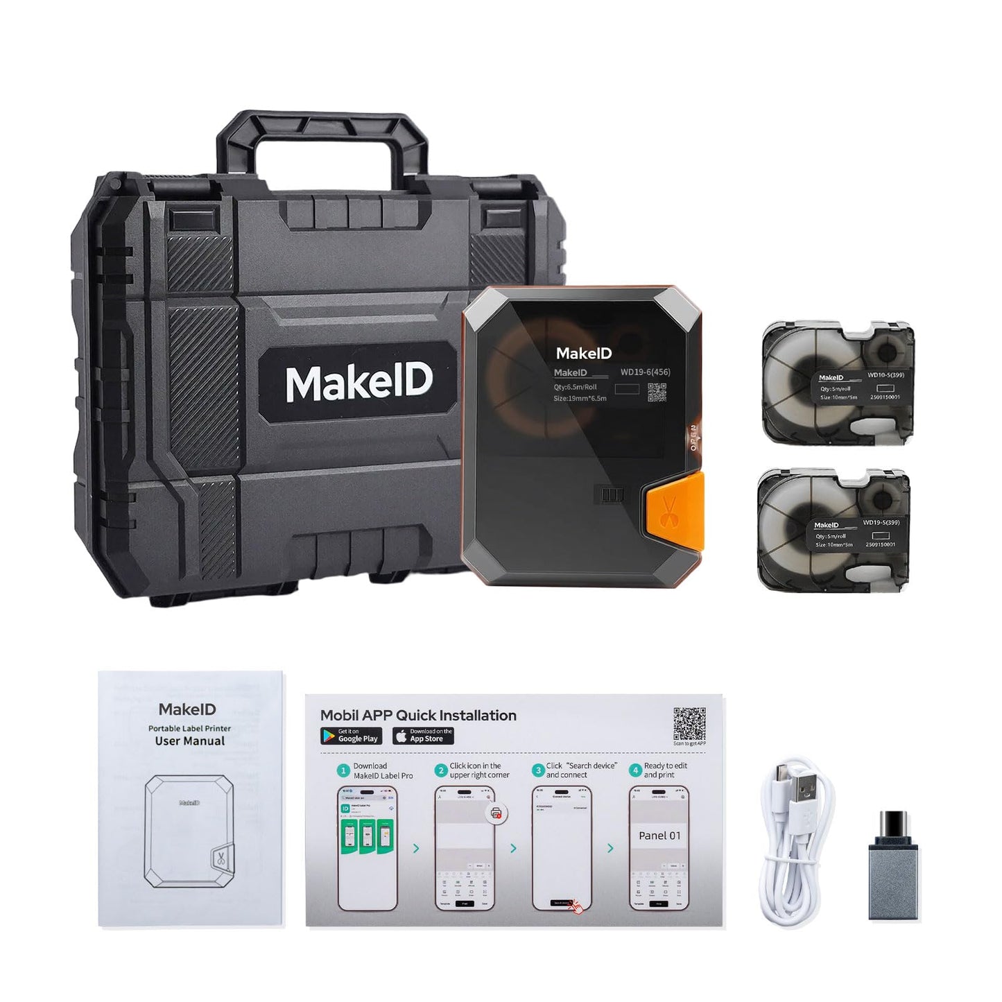 Makeid P31S Industrial Label Maker Portable Bluetooth Printer with 0.75" x 19.68ft Label for Wire Cable Labeling Machine, Job Sites and Heat Shrink Tubing Labeler-Hardcase with 3 Cartridges Bundle