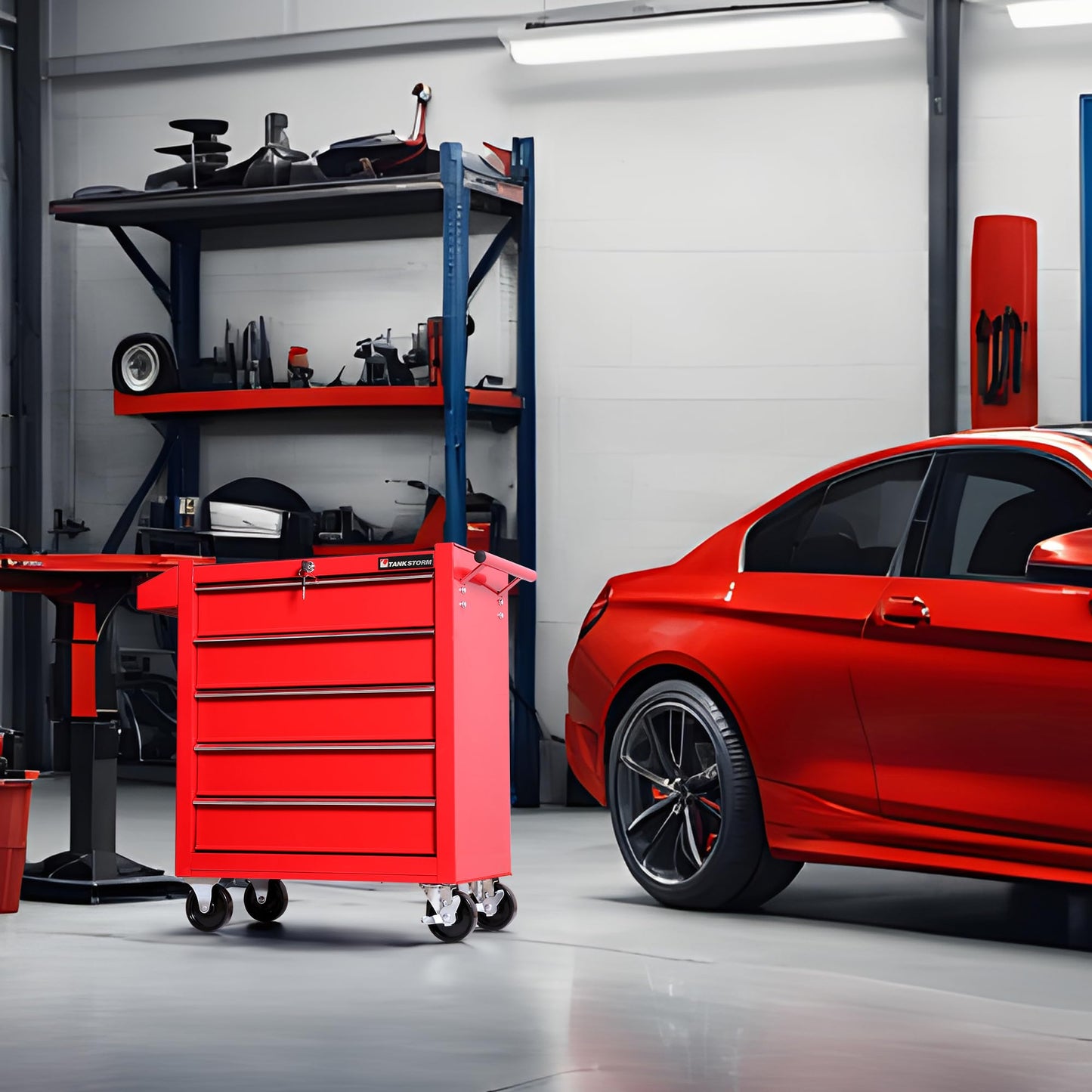 TANKSTORM Tool Chest Heavy Duty Cart Steel Rolling Tool Box 5 Drawer Cart (TZ35 Red)