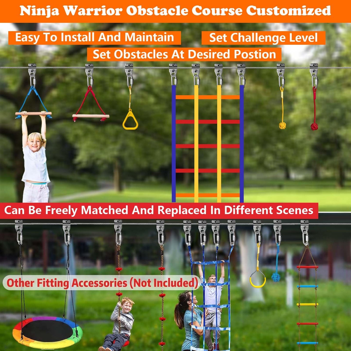 SZHTMZXC Ninja Warrior Obstacle Course for Kids Backyard Outdoor, 55ft Stainless Steel Main Cable, No Sagging, No Fraying, Weatherproof, 11 Pcs Training Accessories, Monkey Bar, Climbing Net, Swing