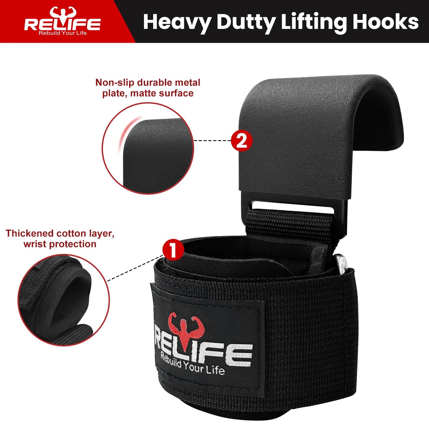 RELIFE REBUILD YOUR LIFE Lifting Hooks for Men and Women(Pair), Pull Up Straps, Gym Reapers Lifting Wrist Grips, Heavy Powerlifting, Lifting Hooks for Weight Lifting Black