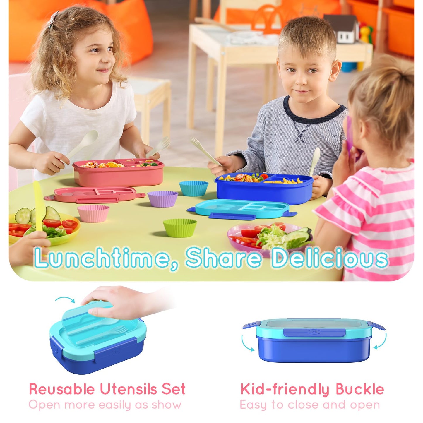 TIME4DEALS Bento Box Kid Adult Lunch Box 2 Pack, Leakproof Bento Lunch Container 4 Compartment Bento-Style Lunchbox with Utensil Set, On-the-Go Meal and Snack Packing for School, Work, Picnic