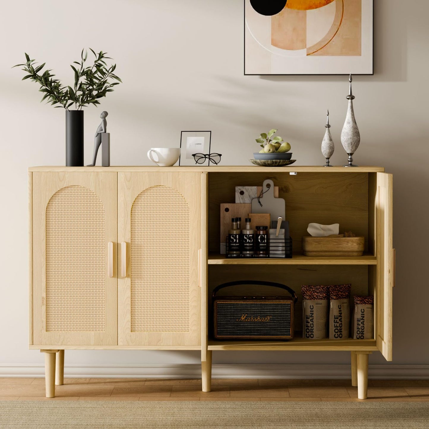 Sideboard Buffet Cabinet with Storage, Retro Rattan Storage Cabinet Kitchen Sideboard Buffet with Artistic Carved Handle for Dining Room Living Room, (Oak)