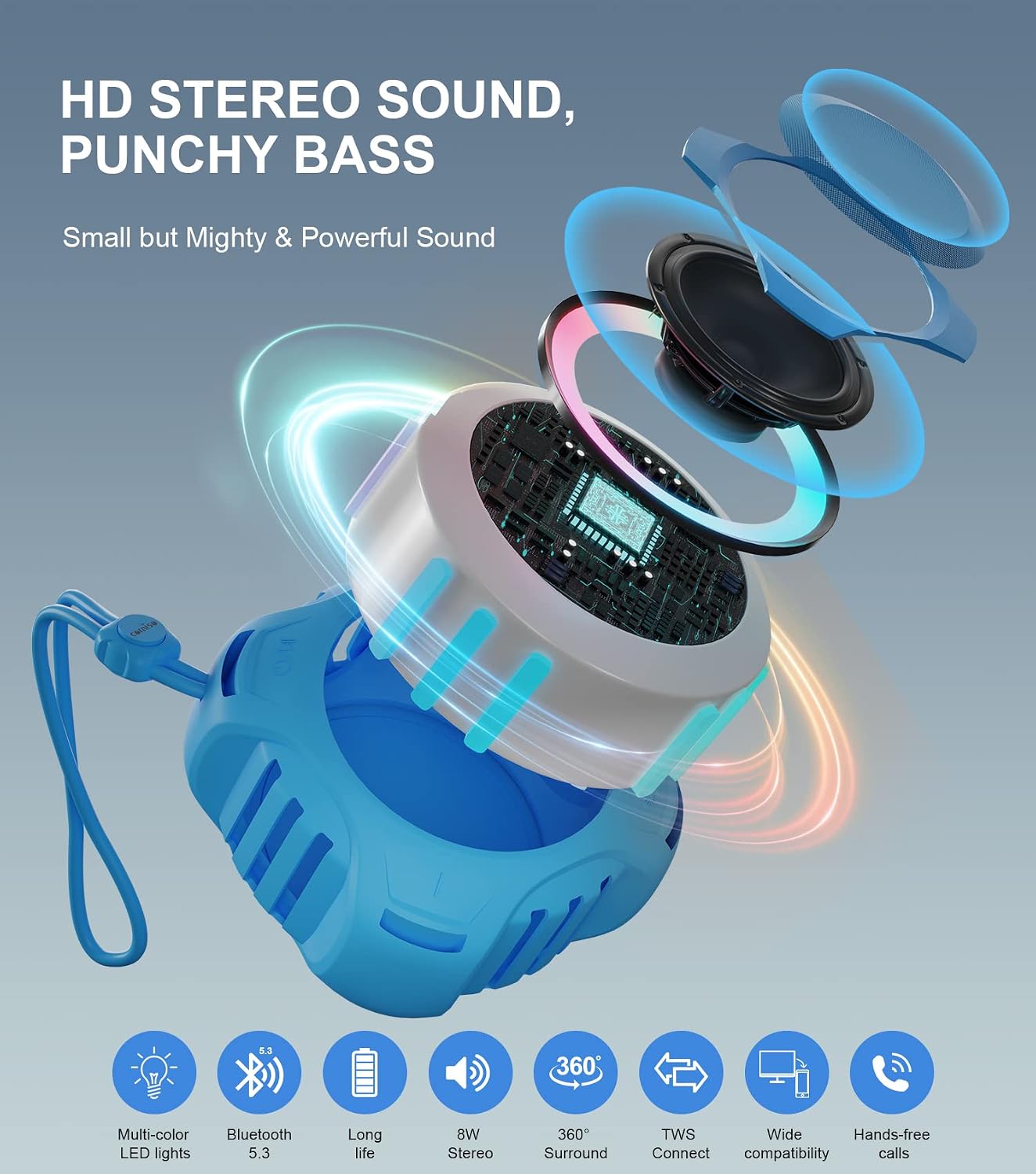 comiso IP67 2000mAh, Shower Bluetooth Speaker, Waterproof Speaker with LED Light, Portable Speakers with True Wireless