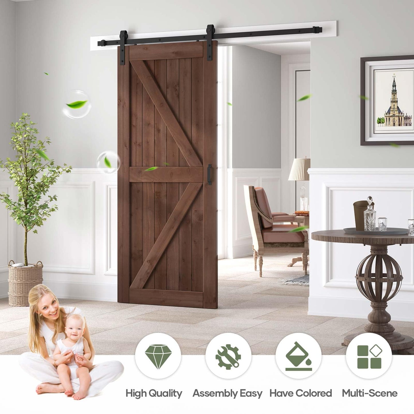 ROYMELO 36x80 inch Sliding Barn Wood Door Slab with 6.6ft Hardware Kit and Handle, Coffee, K Shape, Simple DIY Assembly