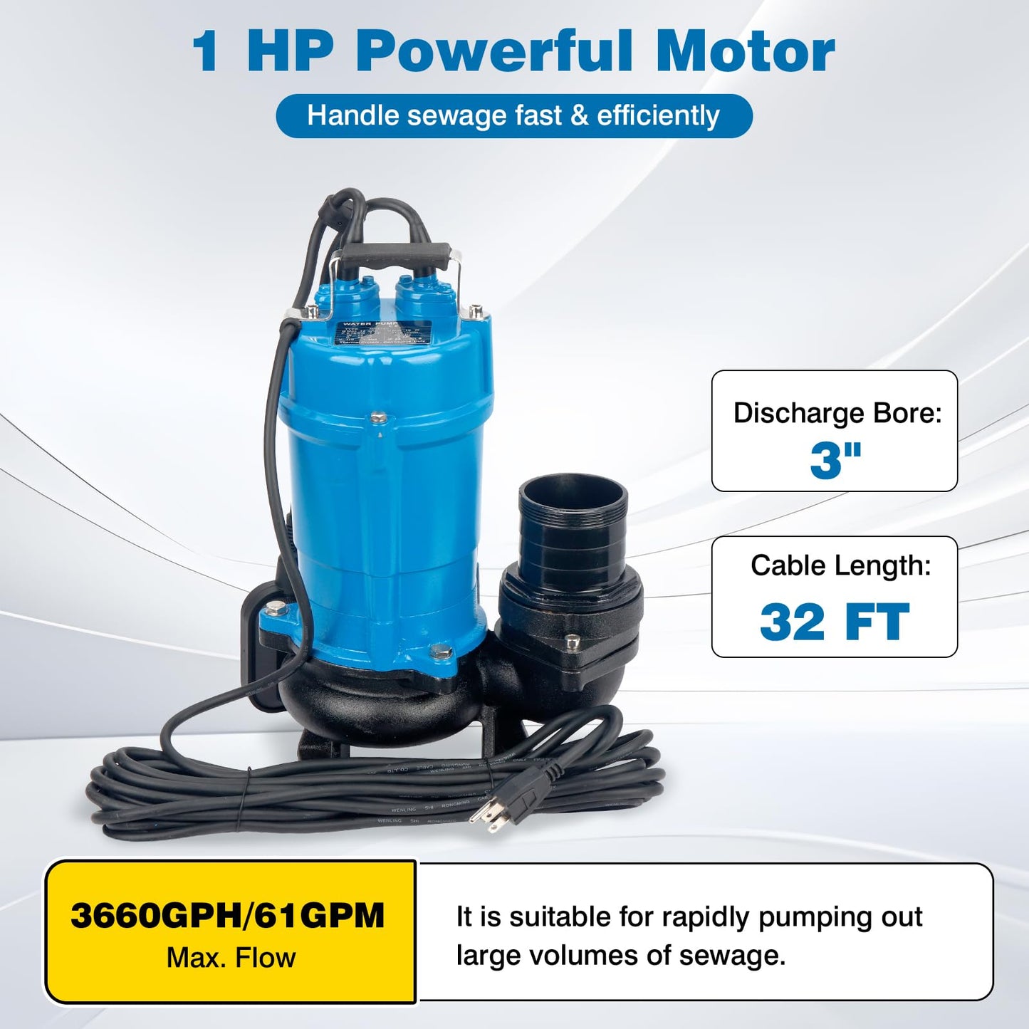 HS3.75S/HSZ3.75S Automatic Electric Submersible Wastewater Trash Pump, 1 HP 115V, Replacement for Tsurumi HS3.75S-62, 61 GPM 3660 GPH, 3'' Straight Male NPT Connection