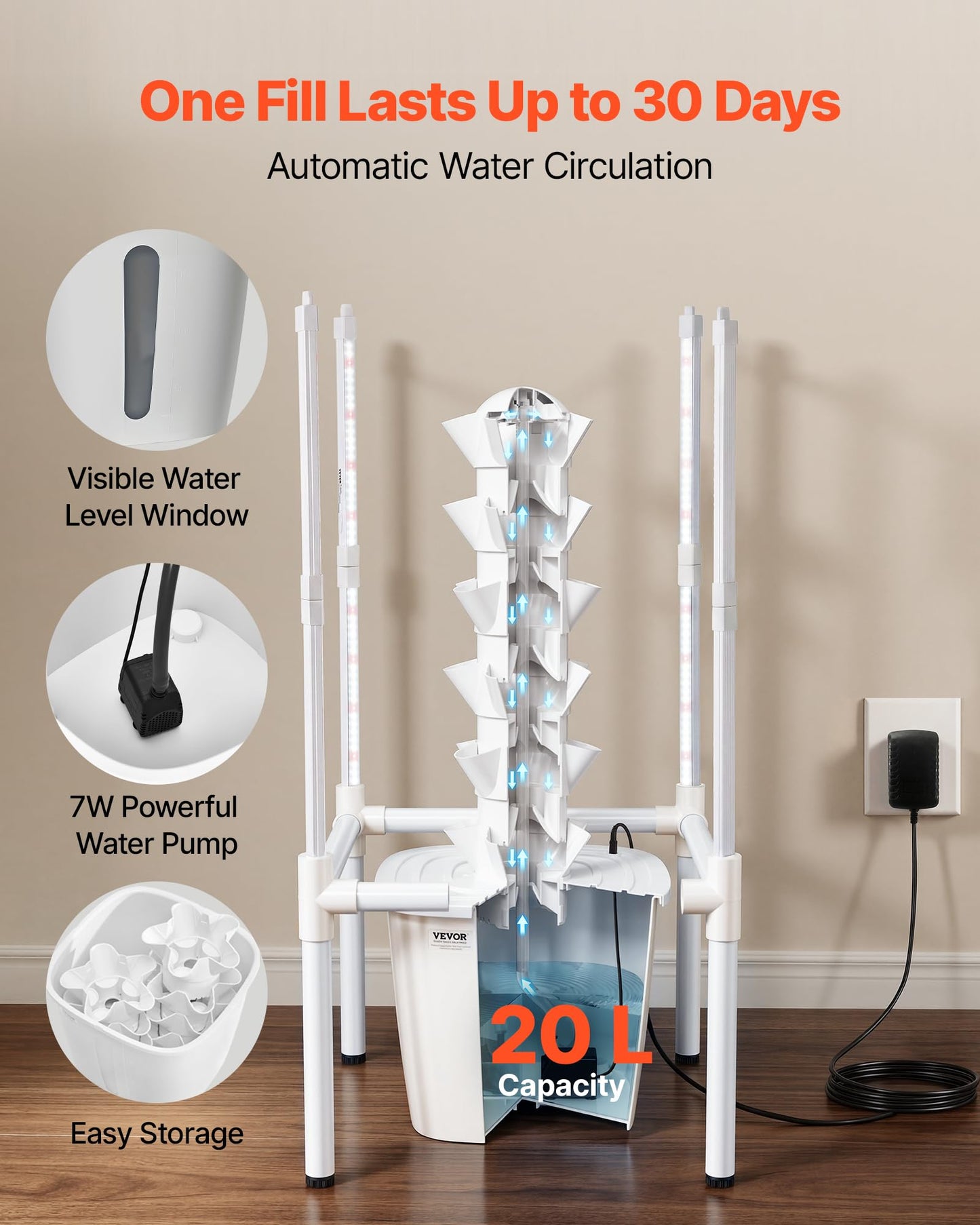 VEVOR Hydroponic Tower, 30 Pods 6 Tiers Hydroponics Growing System Kit with LED Grow Light & App Control, Vertical Home Garden with 20L Water Tank & Pump, Planter for Indoor Herbs, Fruits, Vegetables