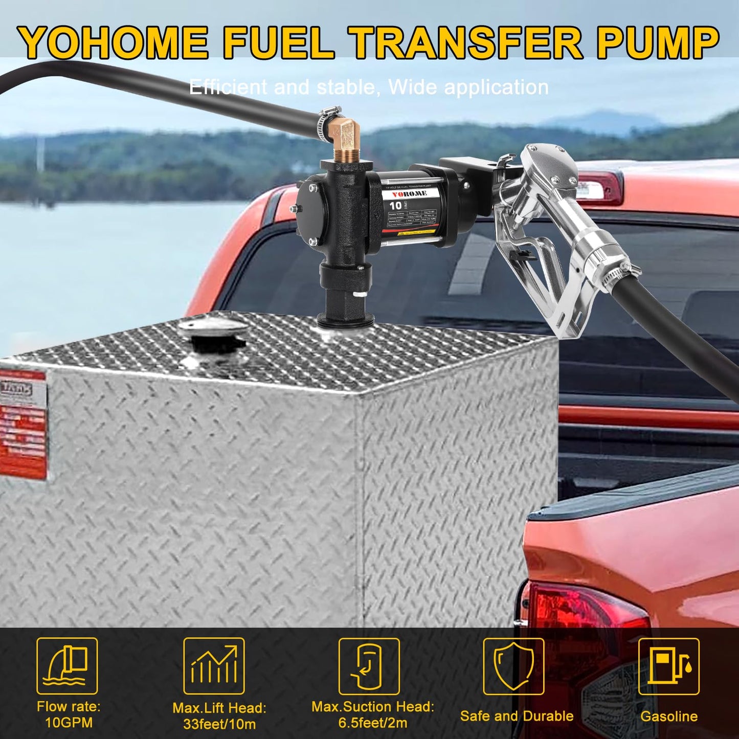 YOHOME 12V 10 GPM Fuel Transfer Pump with Discharge Hose & Manual Nozzle, Gasoline, Diesel, Kerosene & Biodiesel