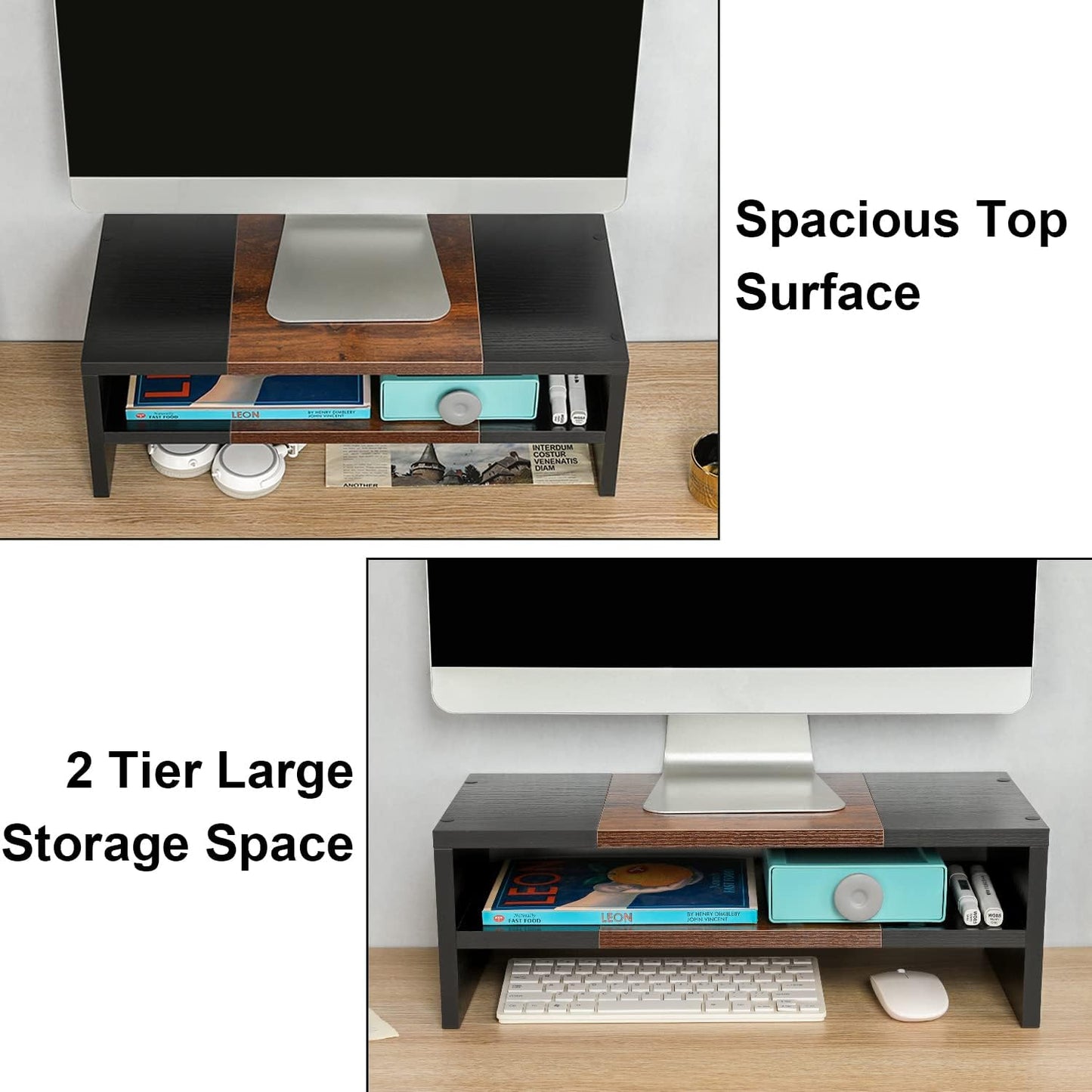 2 20 Inch 2 TEAMIX Tiers Desktop Monitor Stand Riser Printer Stand with Storage Small TV Riser Laptop Wooden Desk