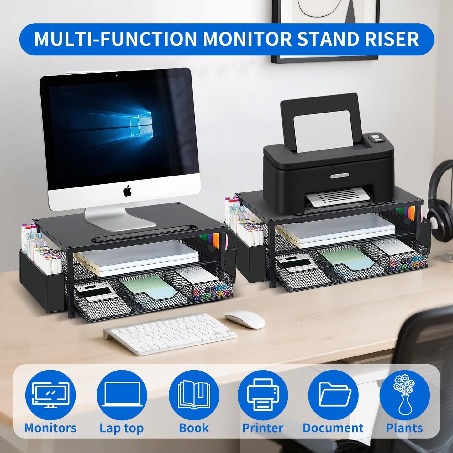 2-Tier AUPSEN Wood Computer Monitor Stand Riser, Black Desk Organizer with Drawer, Pen Storage & Phone Holder Office