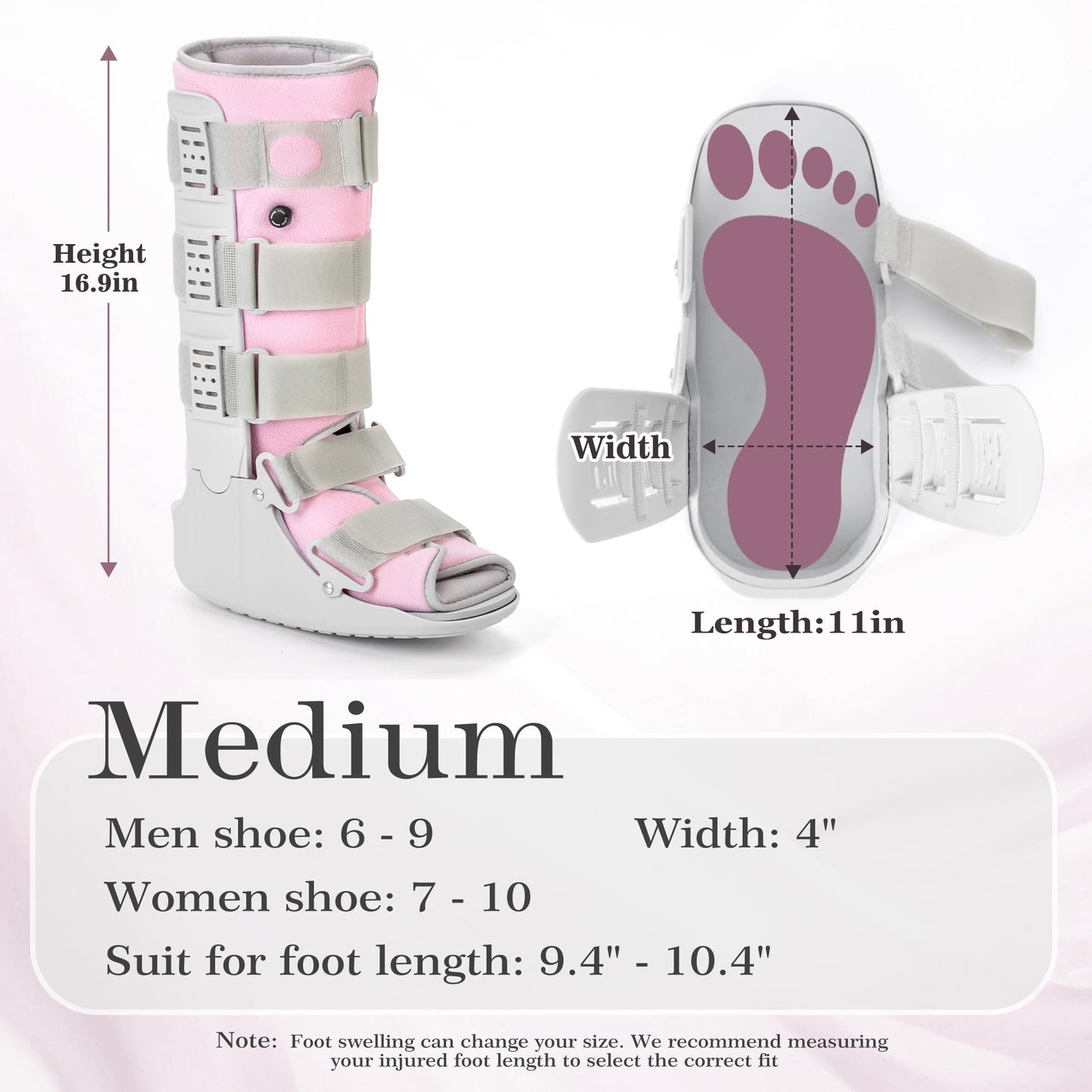 Jewlri Tall Walking Boot for Broken Foot, Air Cam Walker Boot for Foot Injury, Sprained Ankle, Fracture Recovery, Grey Shell with Light Pink Lining Women Medium