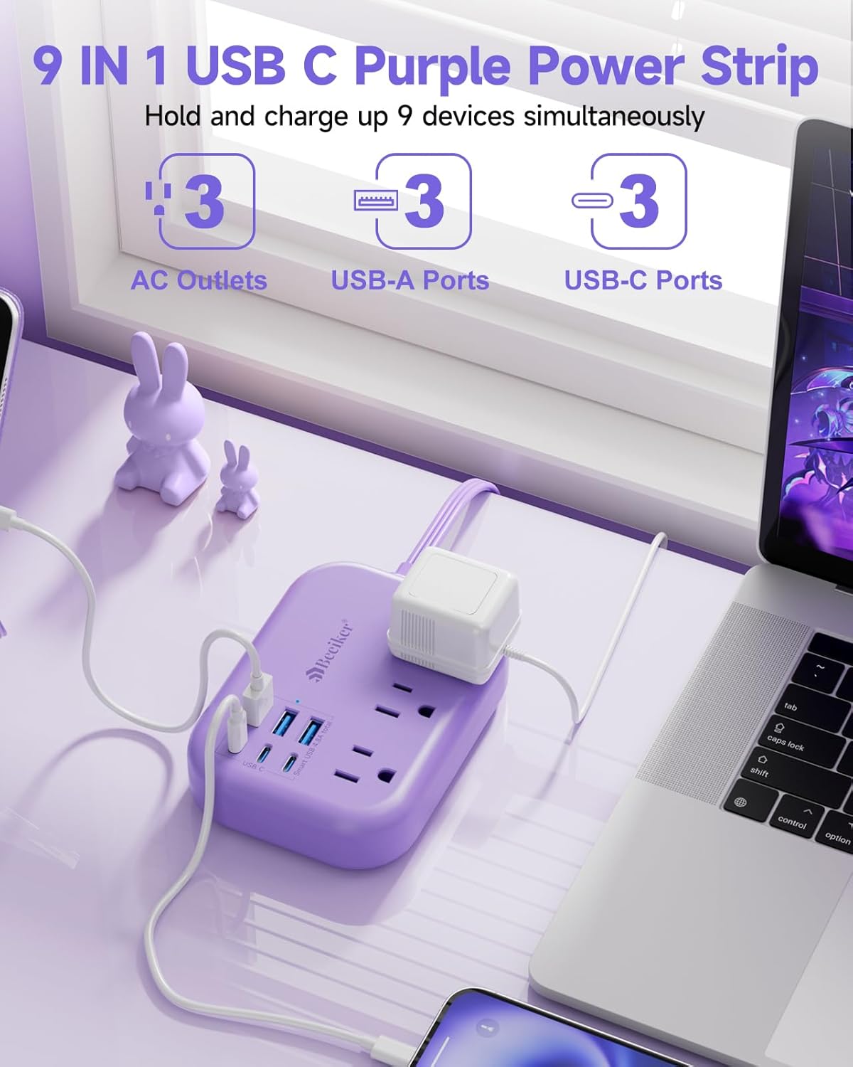Beeiker 6 USB(3 5Ft 24W 3 USB C) Purple Travel Power Strip- Purple Extension Cord with USB Charging Station