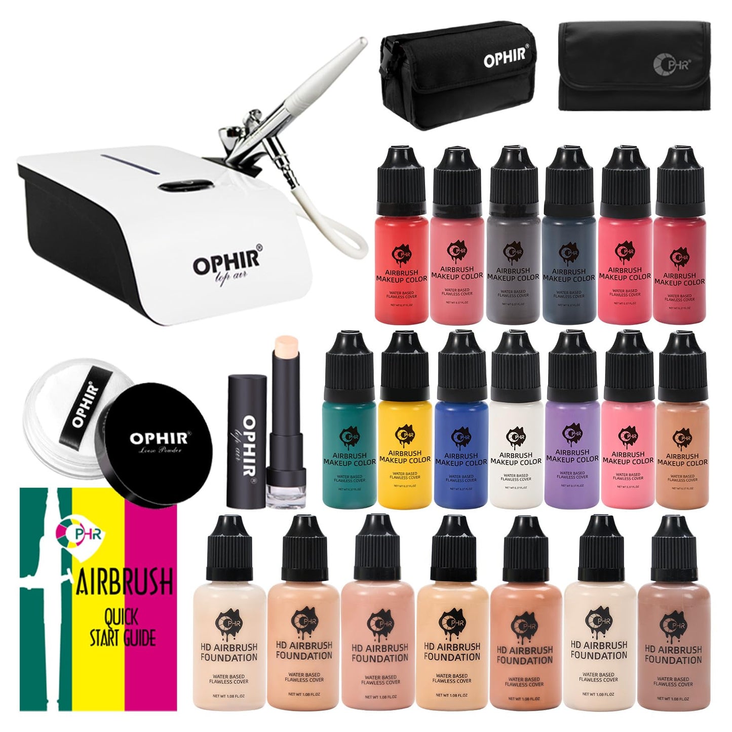 OPHIR Flawless Airbrush Makeup, Professional Air Brush Kit with Air Compressor, 7x30ml Full Coverage Airbrush Foundation, 13x10ml Airbrush Blush Eyeshadow, for Movie Stage Wedding Party Spray Makeup