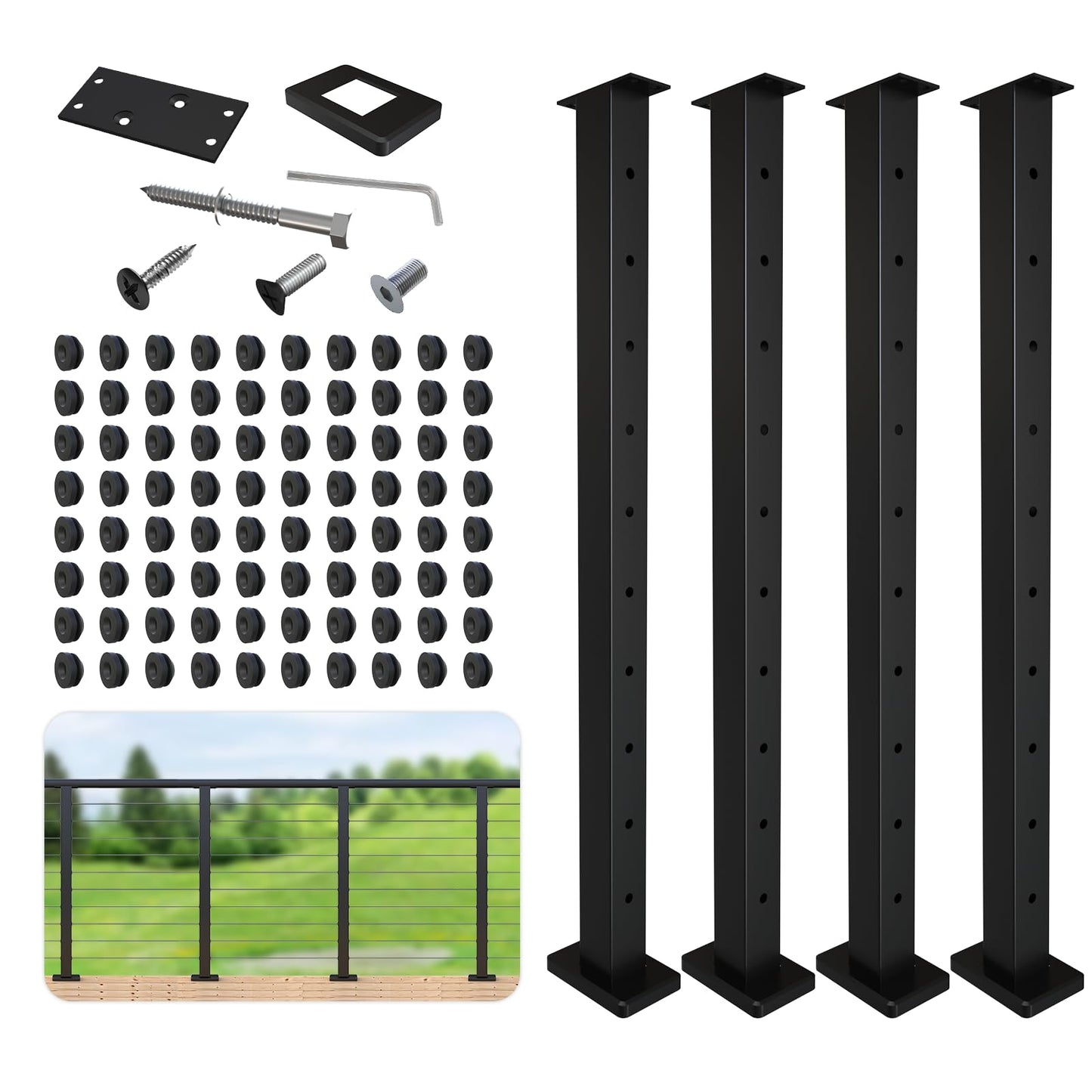 Level Drilled Cable Railing Post 36" (35"X2"x2"), Stainless Steel Black Square Deck Railing Post Flat Bracket, Pre-Drilled Level Holes Railing Post for Horizontal Cable System, Surface Mount Posts(4P)