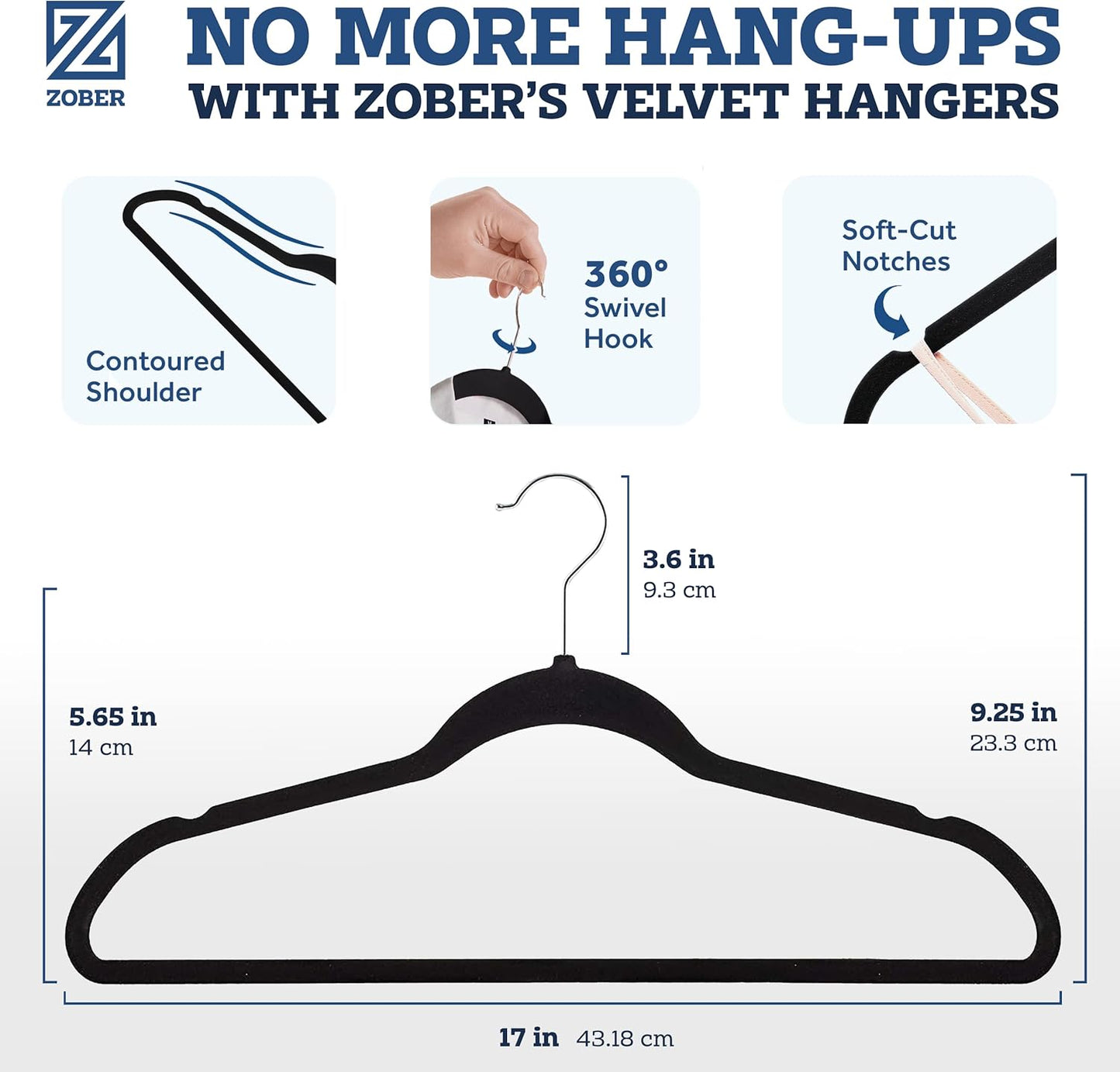 ZOBER Black Velvet Hangers - Non-Slip Clothes Hangers with 360° Swivel | 50 Pack, Holds Up to 10 lbs