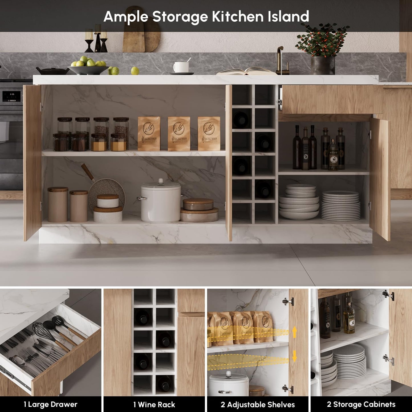 homary Kitchen Island with Storage & LED, 72" White Wood Islands with Wine Rack, Drawers & Shelves, Modern Kitchen Table for Dining Room, Prep & Gatherings, Without Chair