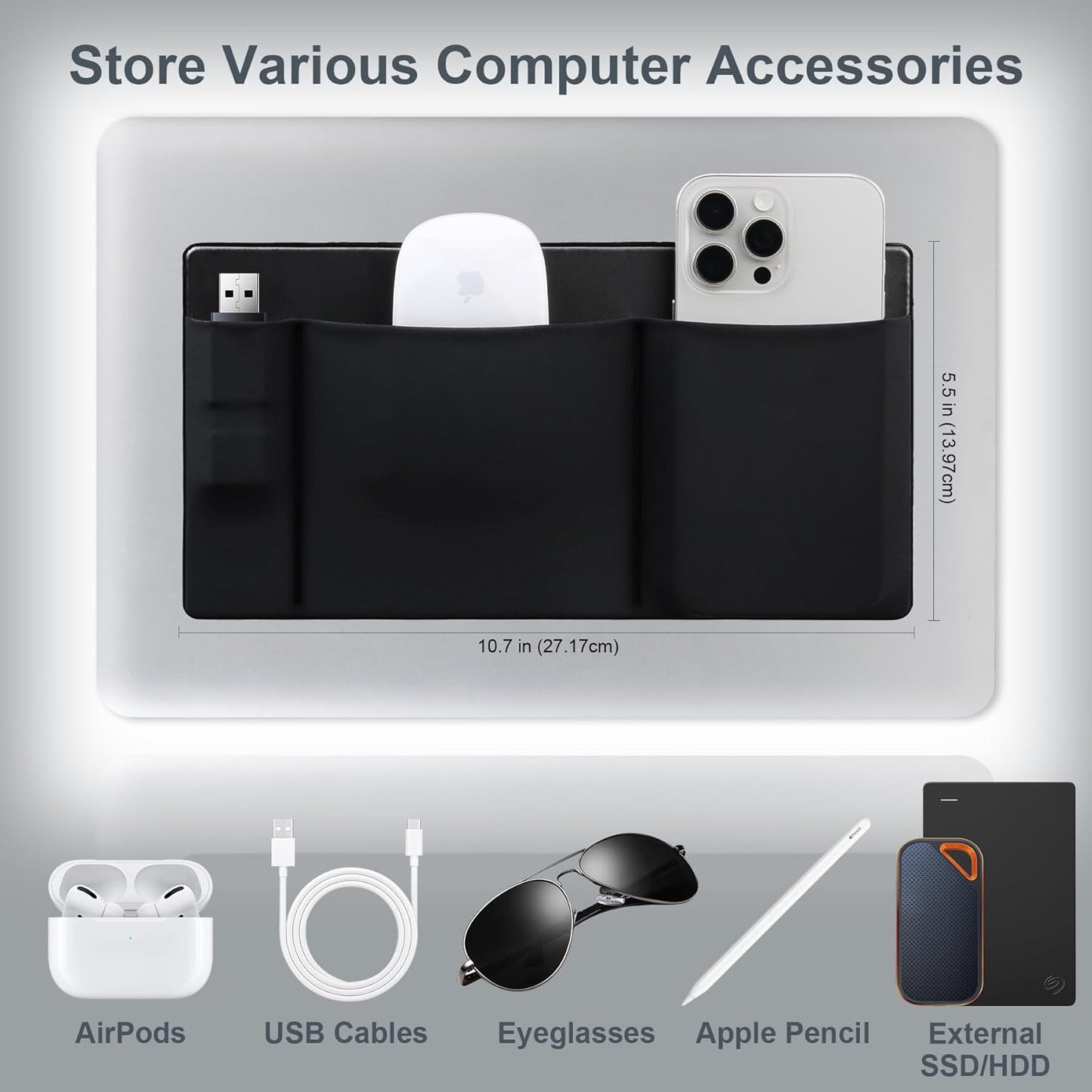 3-Pocket Lacdo Mouse Holder for Laptop Stick on, External Hard Drive SSD Holder for Laptop, Stick on Pouch Organizer