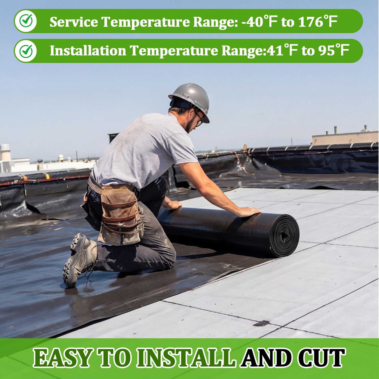 Pushglossy 1 Roll EPDM Rubber Roofing Membrane 39" x 20ft, Self-Adhesive Waterproof Underlayment, 50 Mil Reinforced Flat Roof Sheet, Ice and Water Sheet for RV, Shed, Garage and Patio