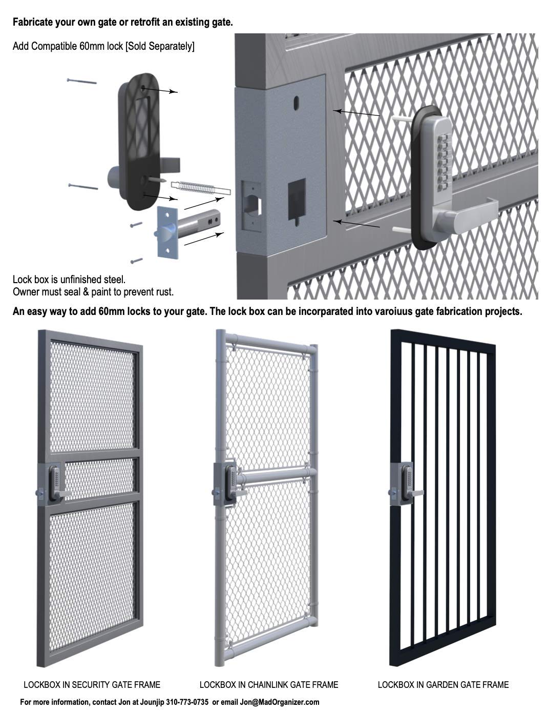 JOUNJIP GB2020 Gate Lock Box Steel Gate Box (1 3/4" Thickness) - for All JOUNJIP Mechanical Combination Locks - for Metal Gates and Fence (NOT for Aluminum GATE) - 2 3/8" Inch 60mm Backset