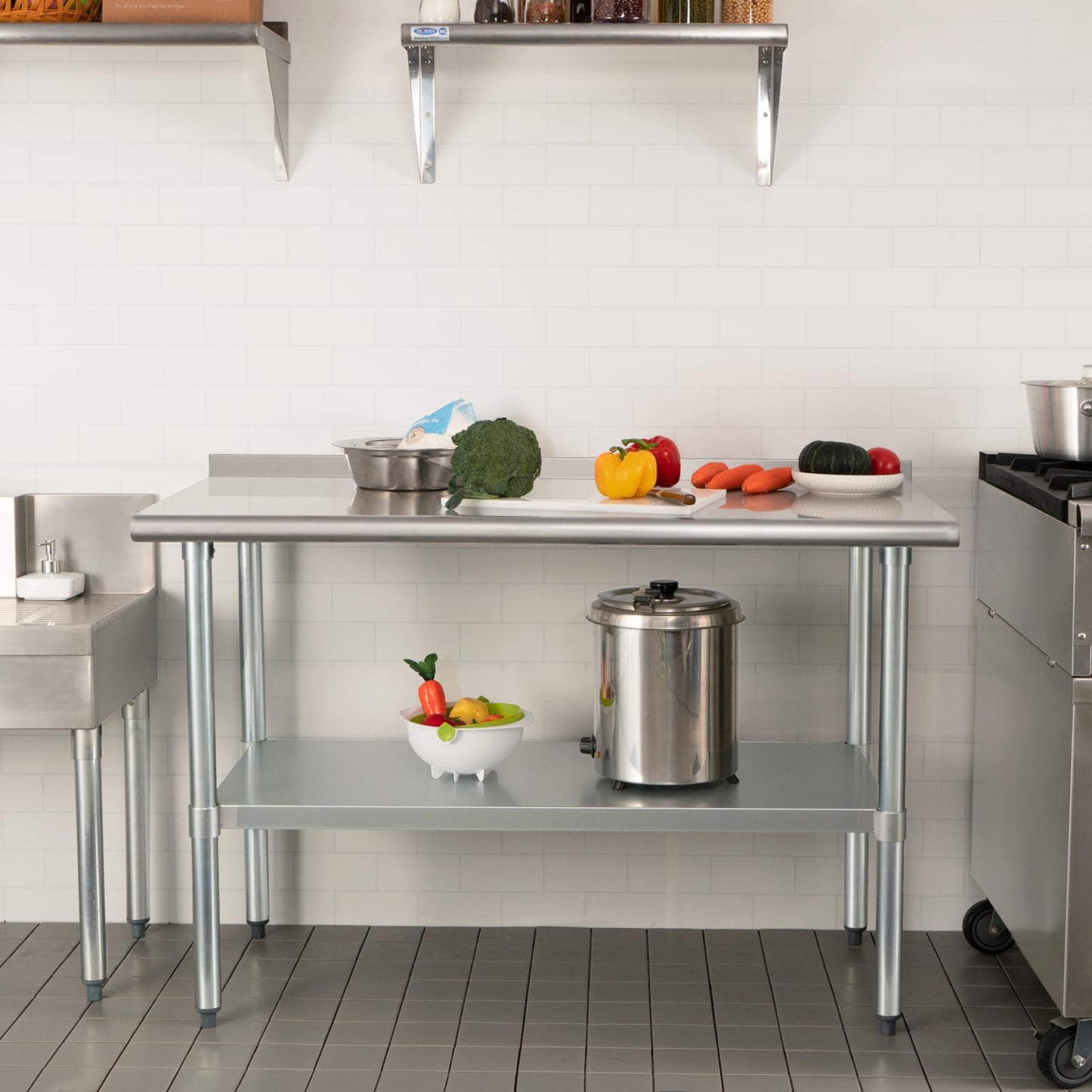 HARDURA Stainless Steel Prep & Work Table 30 x 60 Inches NSF Heavy Duty Commercial with Undershelf and Backsplash, Galvanized Legs for Commercial Food Prep