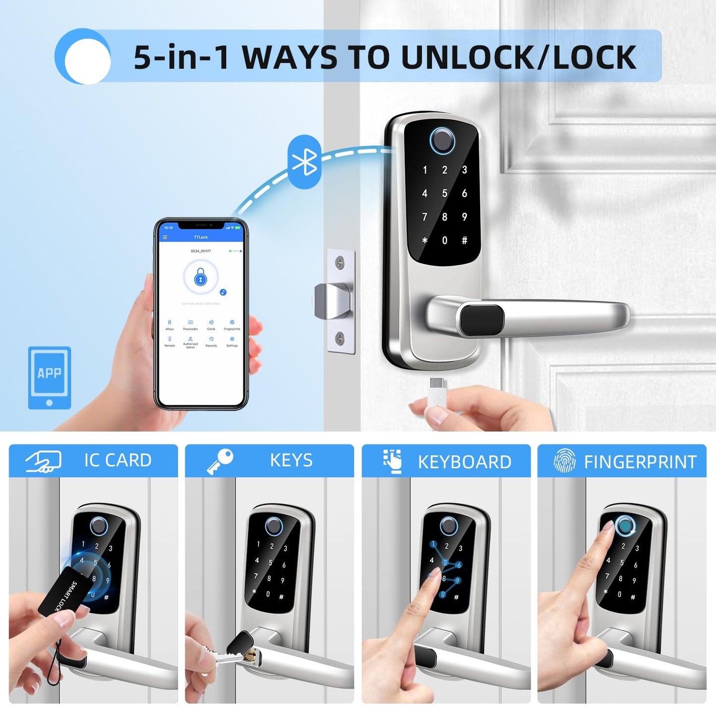 Smart Door Lock with Handle,Keyless Entry & Remote Access,Fingerprint Keypad Exterior Lock,Smart Locks for Front Door,Home,Airbnb & Rental,Electronic Deadbolt Lock,One-Time Password with TT Lock
