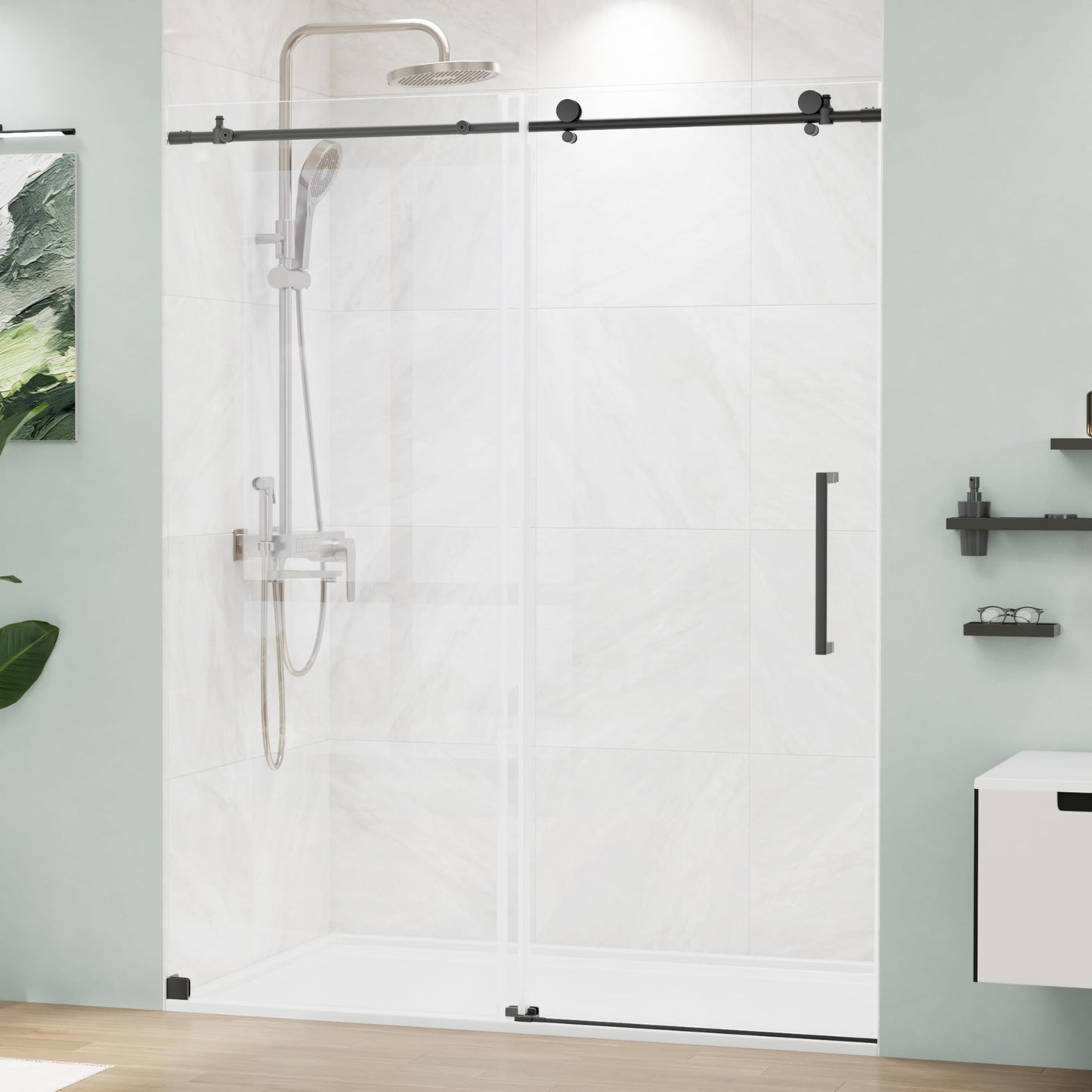 MORDEER Sliding Shower Door 56-60" W x 72" H, Frameless Glass Shower Door 5/16"(8mm) SGCC Tempered Clear Glass with Explosion-Proof Film, Shower Sliding Door with Stainless Steel Hardware, Matte Black