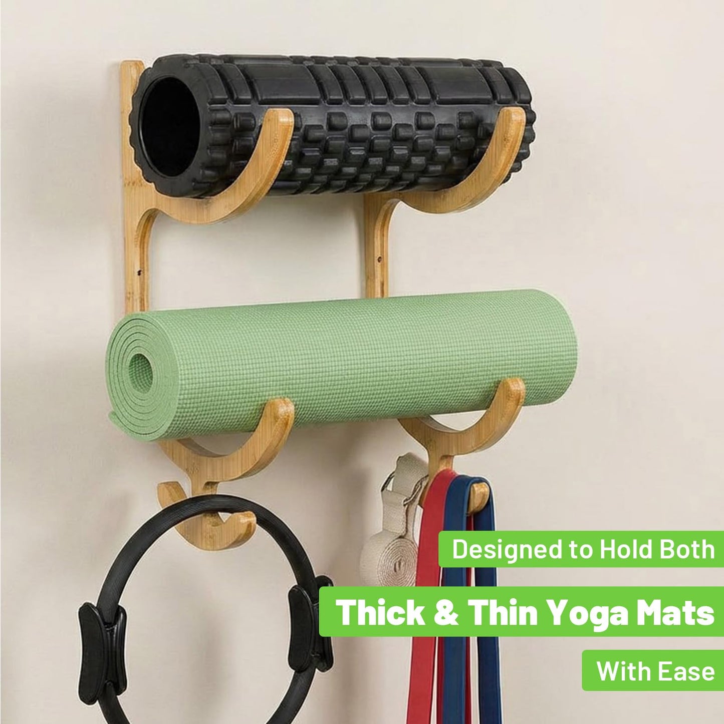 Wooden Yoga Mat Storage Rack Wall Mount, Yoga Mat Holder Hanging Hooks for Home Gym Equipment Storage, Fitness Class Room Mats Storages Organizer for Resistance Band, Home Gym Accessories