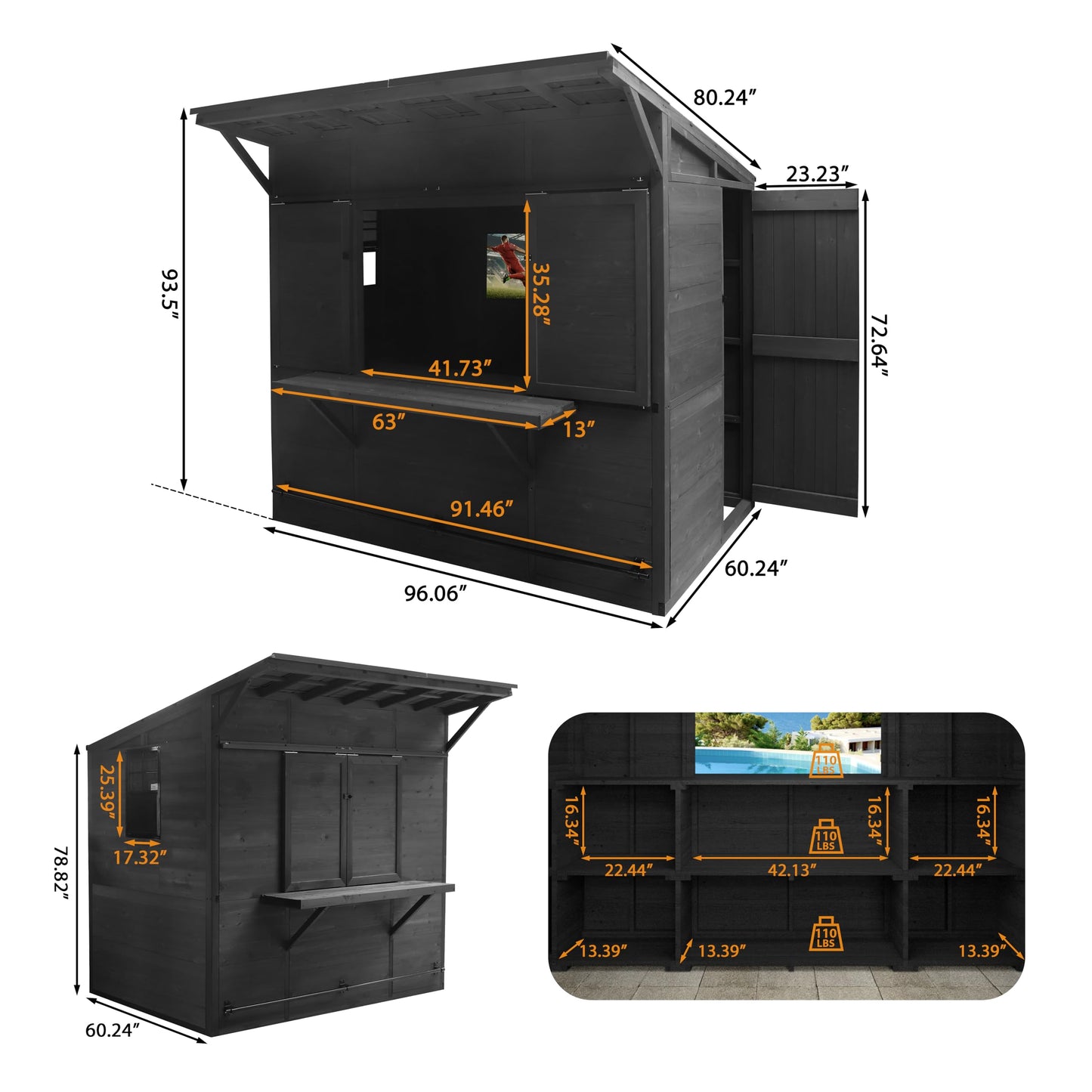 MUPATER 8 x 5 FT Wooden Bar Shed with Metal Roof, Backyard Patio Bar with Slide Front Panels, Outdoor Storage Shed with TV Bracket, Bar Top & Lockable Door, Black