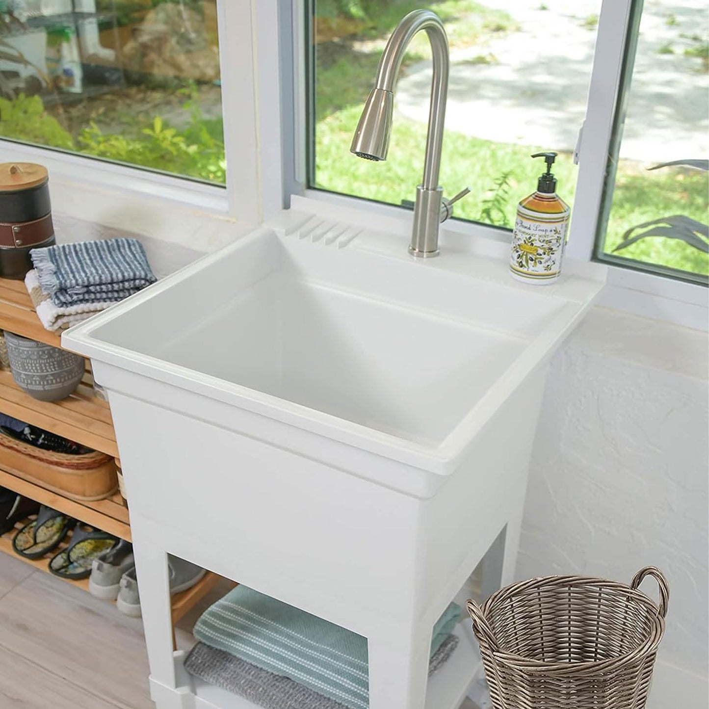 UTILITYSINKS Freestanding Utility Tub Sink with Quick Connect Drain, 24 x 24", White - Portable and Compact Sink with Faucet for Outdoor Kitchen, Laundry Room, Garage, and Basement