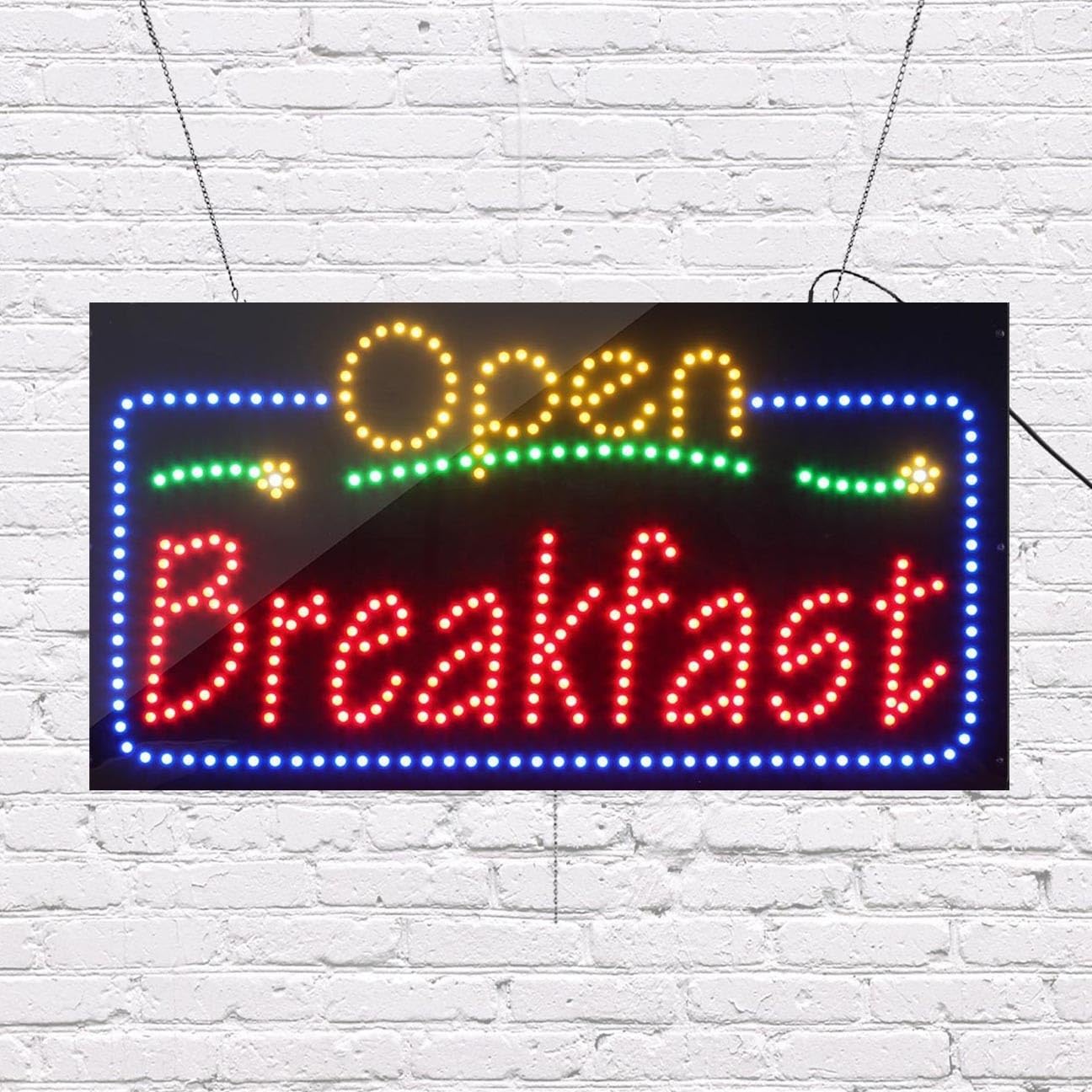 LED Open Breakfast Sign for Retail Business Displays |Advertising Electronic Light Up Sign for Windows Walls | 17"h x 31"w x 1"d