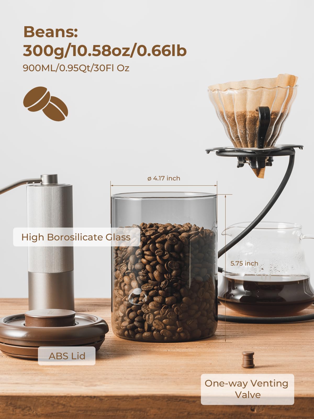 Tourdeus Ground Coffee Glass Container Airtight 10 oz – Pop Top Ground Coffee Canister with CO₂ Valve, 0.63lb Coffee Bean Container, UV Resistant