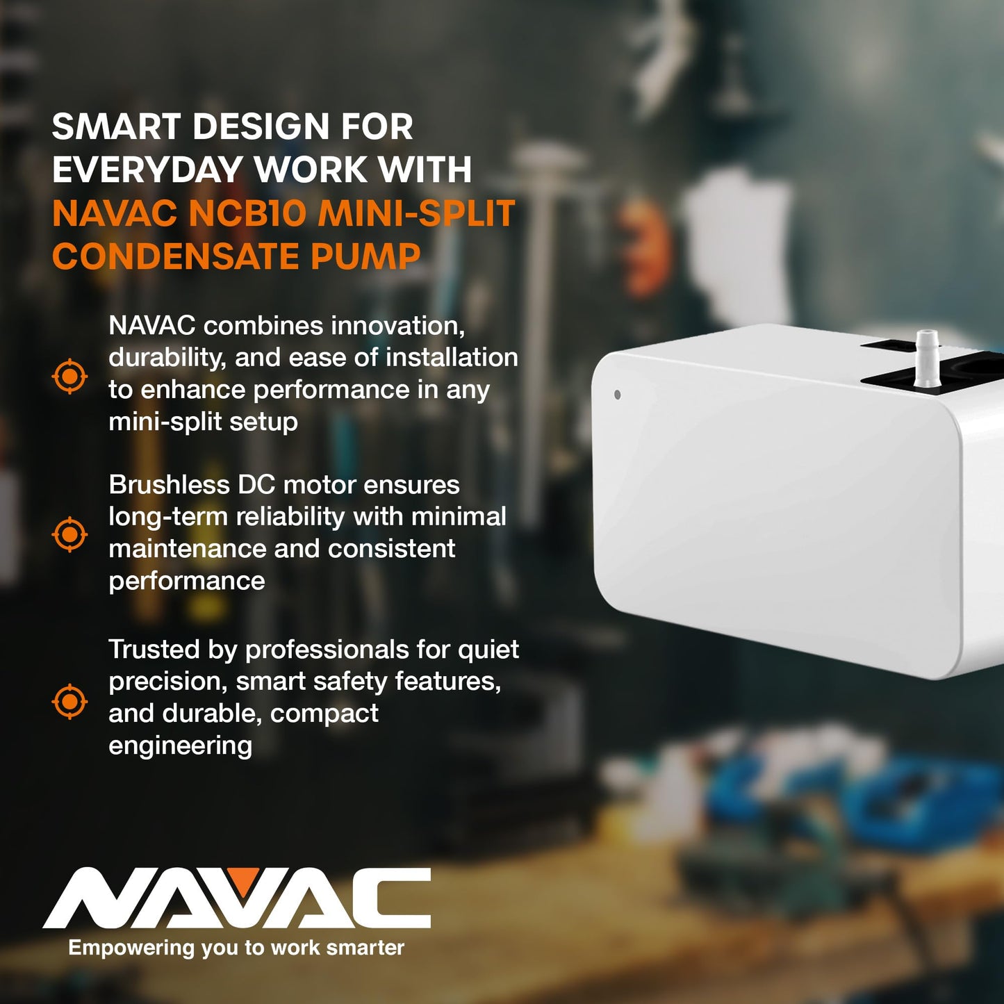 NAVAC NCB10 Mini-Split Condensate Pump - Ultra Quiet Design, HVAC Condensate Pump, Brushless DC Motor - Reliable Performance, Overflow Protection Sensor, 6.7 fl oz Tank Capacity, 10.6 GPH, 39 ft Lift