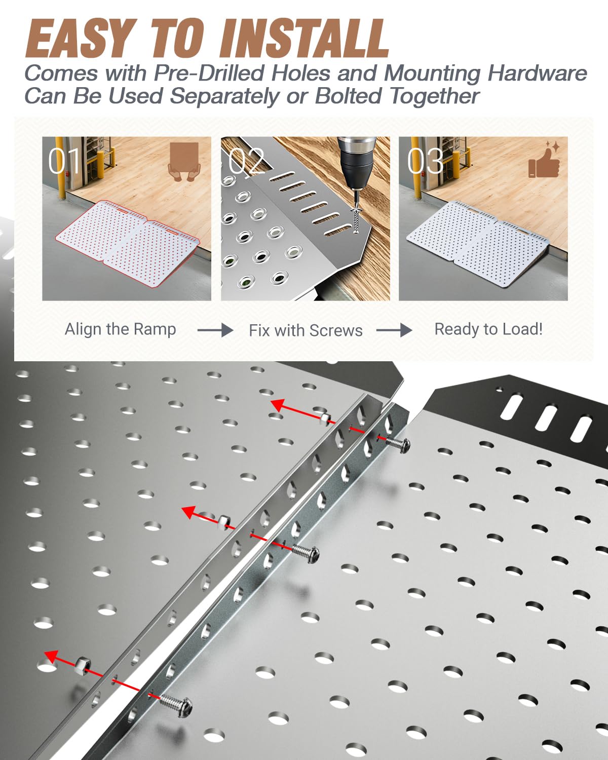 Lupar Heavy-Duty Shed Ramp for Riding Mower, Ramps for Sheds Entrance Garage Threshold Lawn Mowers Wheelchairs Tractor Snow Blower Garden Cart, 1500LBs Loading Anti-Slip Punch Plate Metal Ramp - 2 PCS