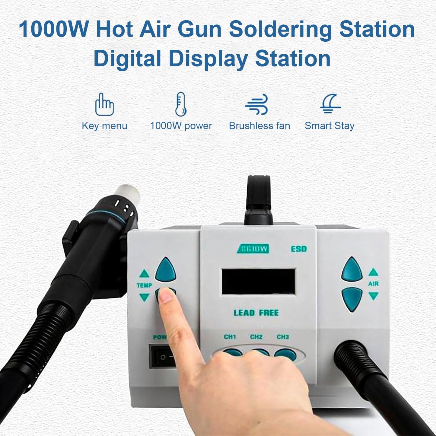 KINGTAIXIN 861DW Hot Air Rework Station, 110v 1000W Digital Display Automatic Sleep Hot Air Gun Soldering Station, With 7 Air Nozzles, Adjustable Temperature Desoldering Gun BGA Rework Station
