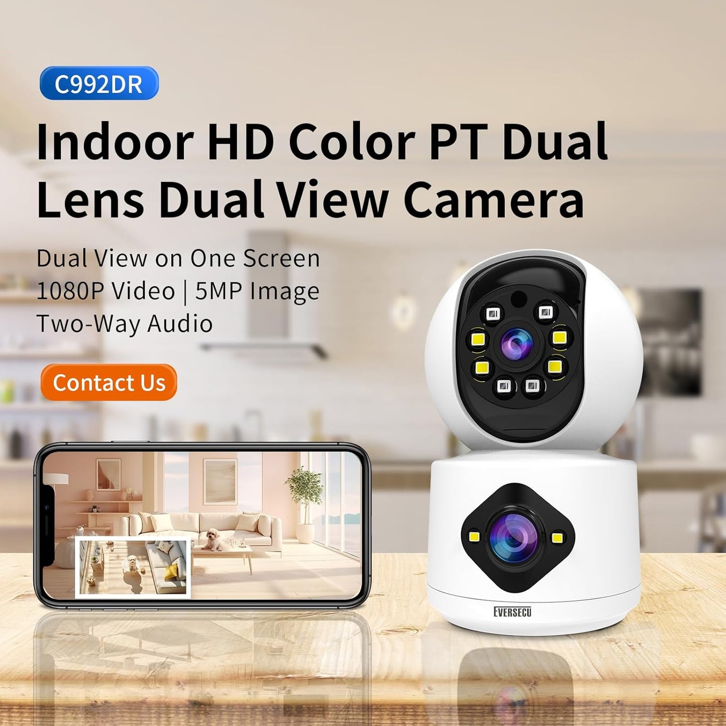 EVERSECU 2K 3MP 2.4GHz 2-Way Dual Lens Indoor Camera, WiFi Camera Wired for Home Baby, AI Motion Detection, Human Auto