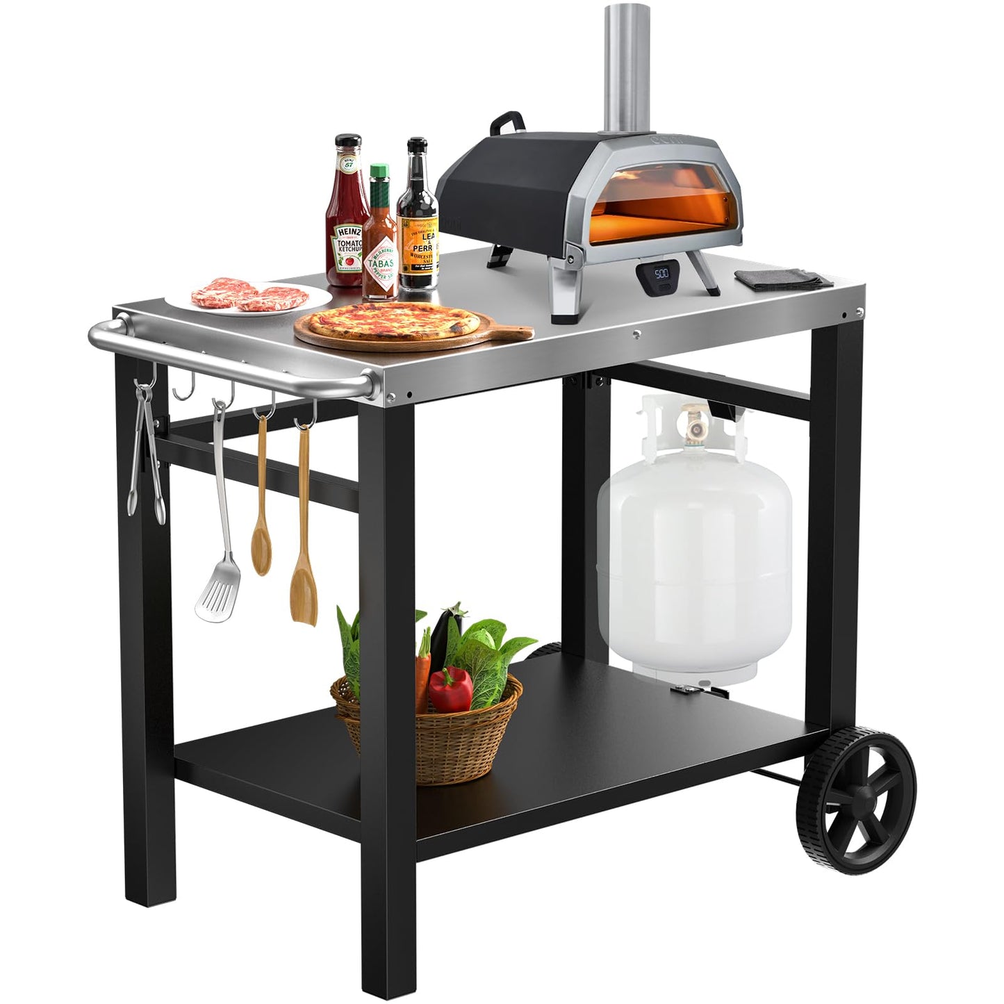 Double-Shelves Stainless Steel Flattop Grill Cart, Movable Kitchen Indoor & Outdoor Cooking Station, Fits Ninja/Ooni/Blackstone/Weber Q, Pizza Oven Food Prep Table for Party, 33.5"×21"