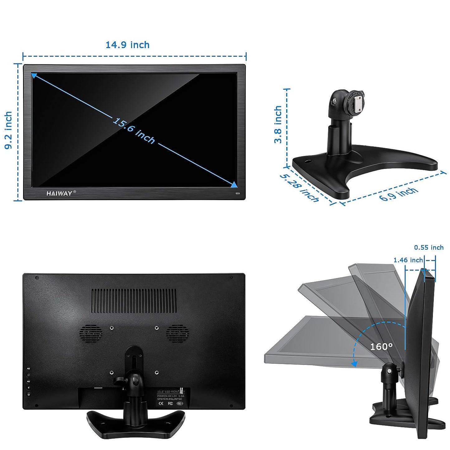 Haiway 15.6 inch Small Computer Monitor, High Resolution 1920x1080P Small hdmi Monitor with HDMI/VGA/BNC/AV/USB Port for PC, Laptop, CCTV Security Monitors with Remote Control, Built-in Speakers