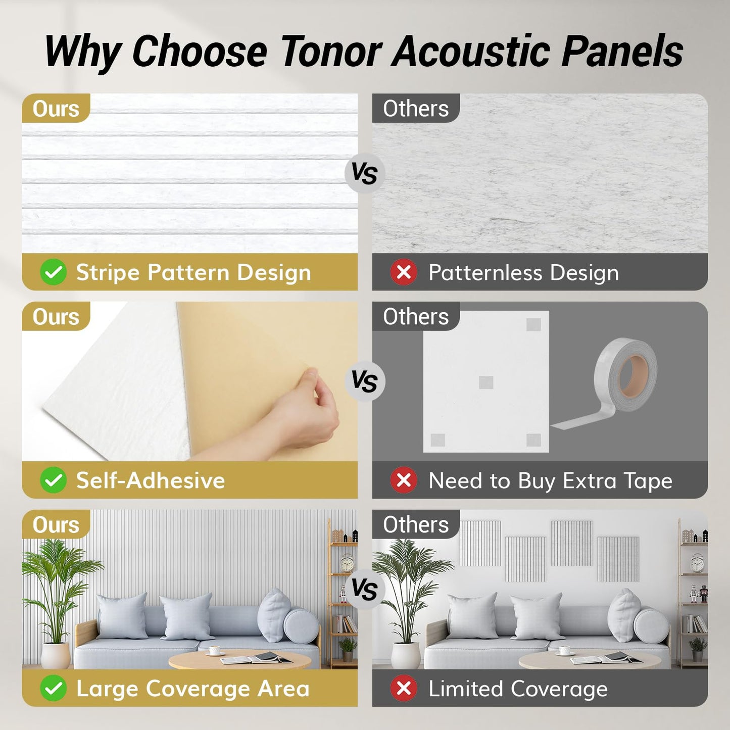 TONOR 8 Pack Large Acoustic Panels,47.2" X 23.6" X 0.35" Acoustical Wall Panel, Self-Adhesive Sound Proof Panels, Decorative Soundproof Wall Panels for Echo Absorption for Home Studio Office, Black