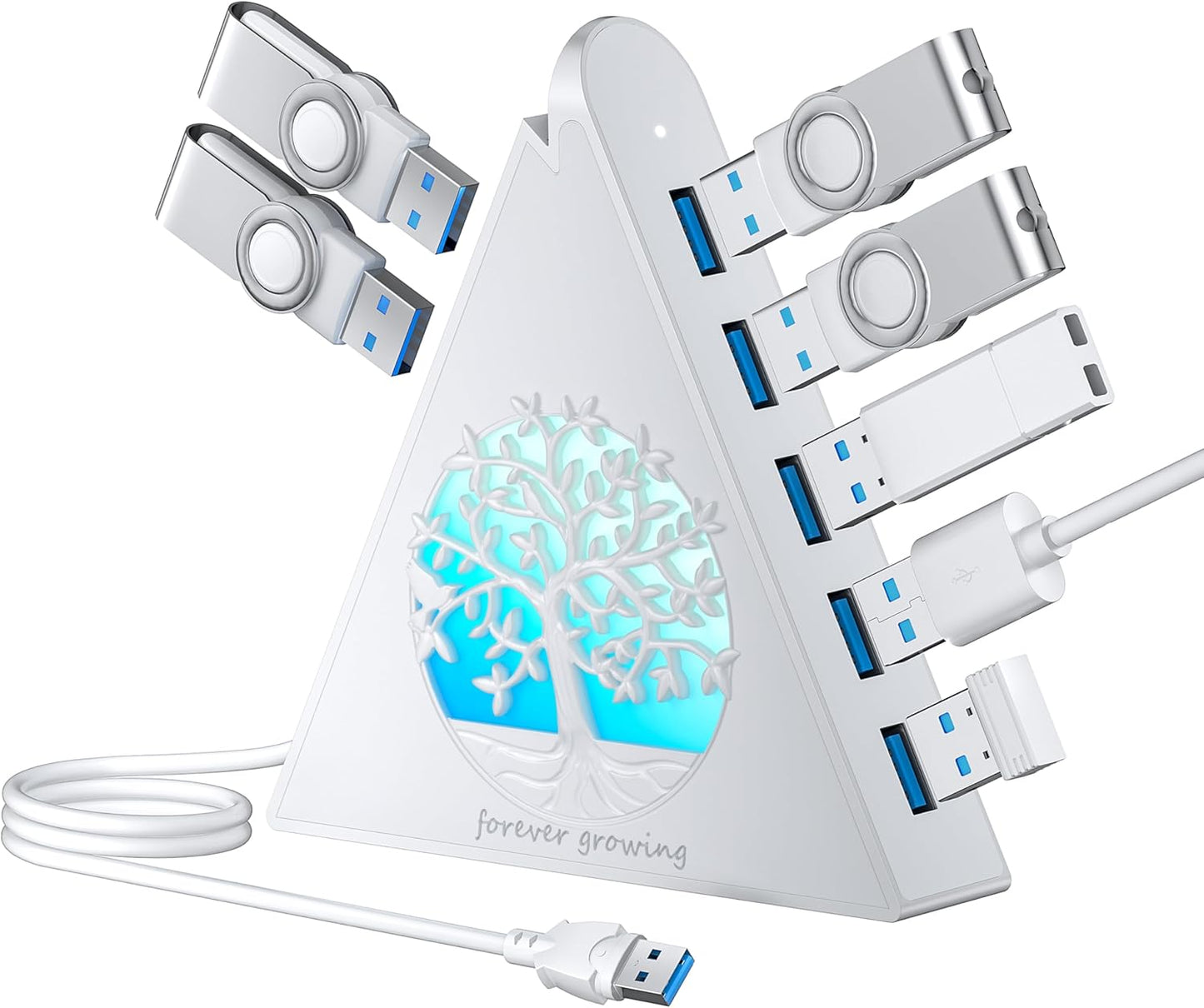 JoyReken 7-Port 3.0 5Gbps 2FT USB Hub, White Vertical USB Hub Splitter with Tree-Shaped RGB Lighting, High-Speed