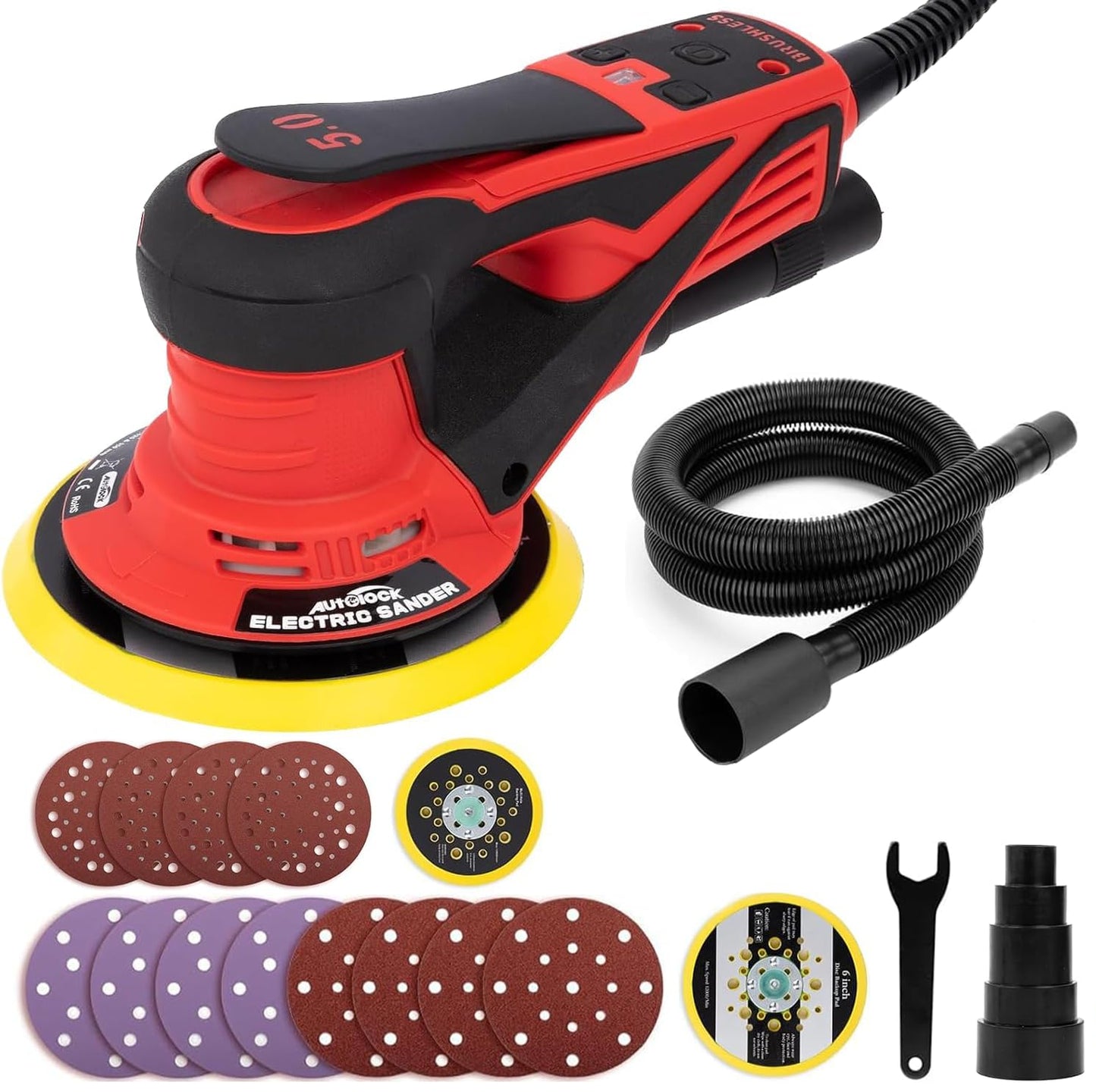 Autolock Electric Random Orbital Sander, 350W Brushless Motor with 5 & 6 Inch Pads, 10000RPM Palm Sander for Woodworking, Sanding and Polishing (1pcs)
