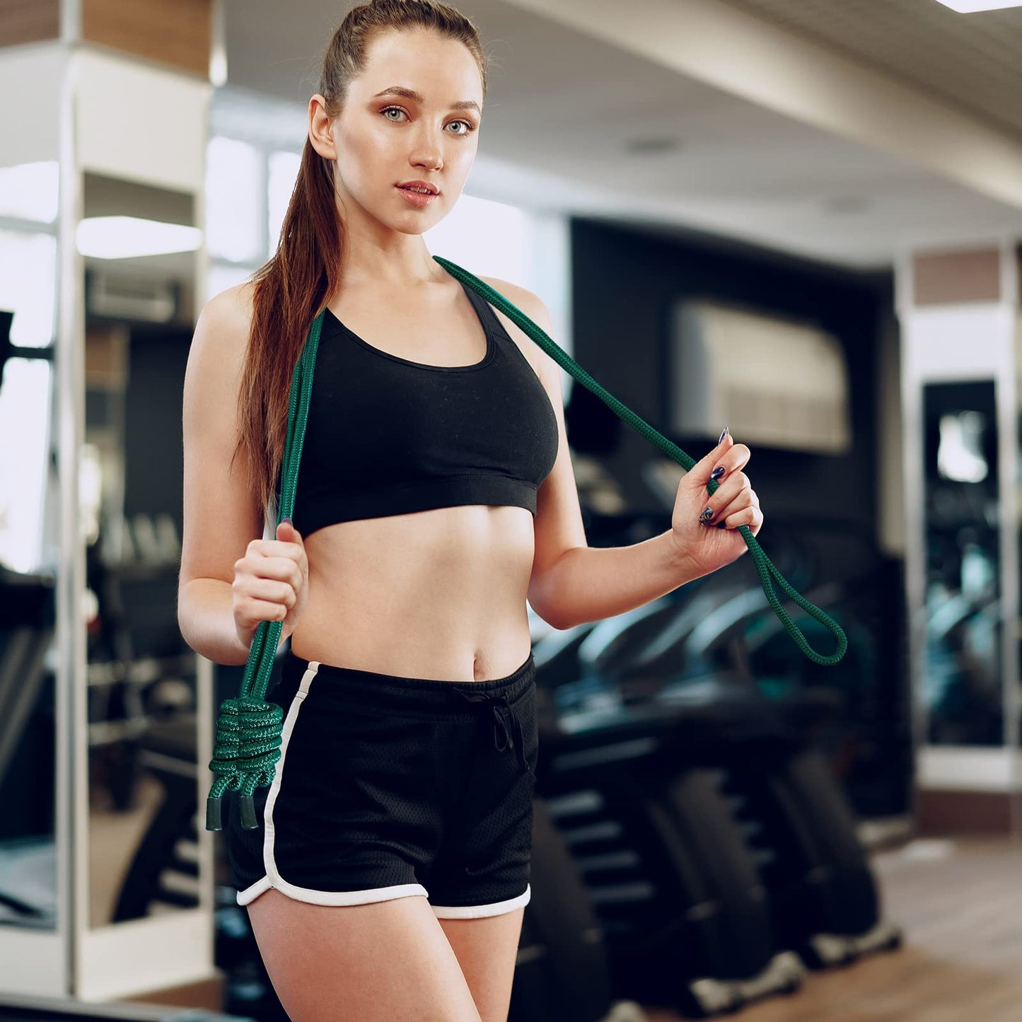 Lewtemi 2 Pcs Flow Rope for Fitness Double Woven Workout Rope Adjustable Length Flow Jump for Working out Men Women Training Exercise Gym Indoor Outdoor Beginner, 9 ft(Black, Green,320g+550g)