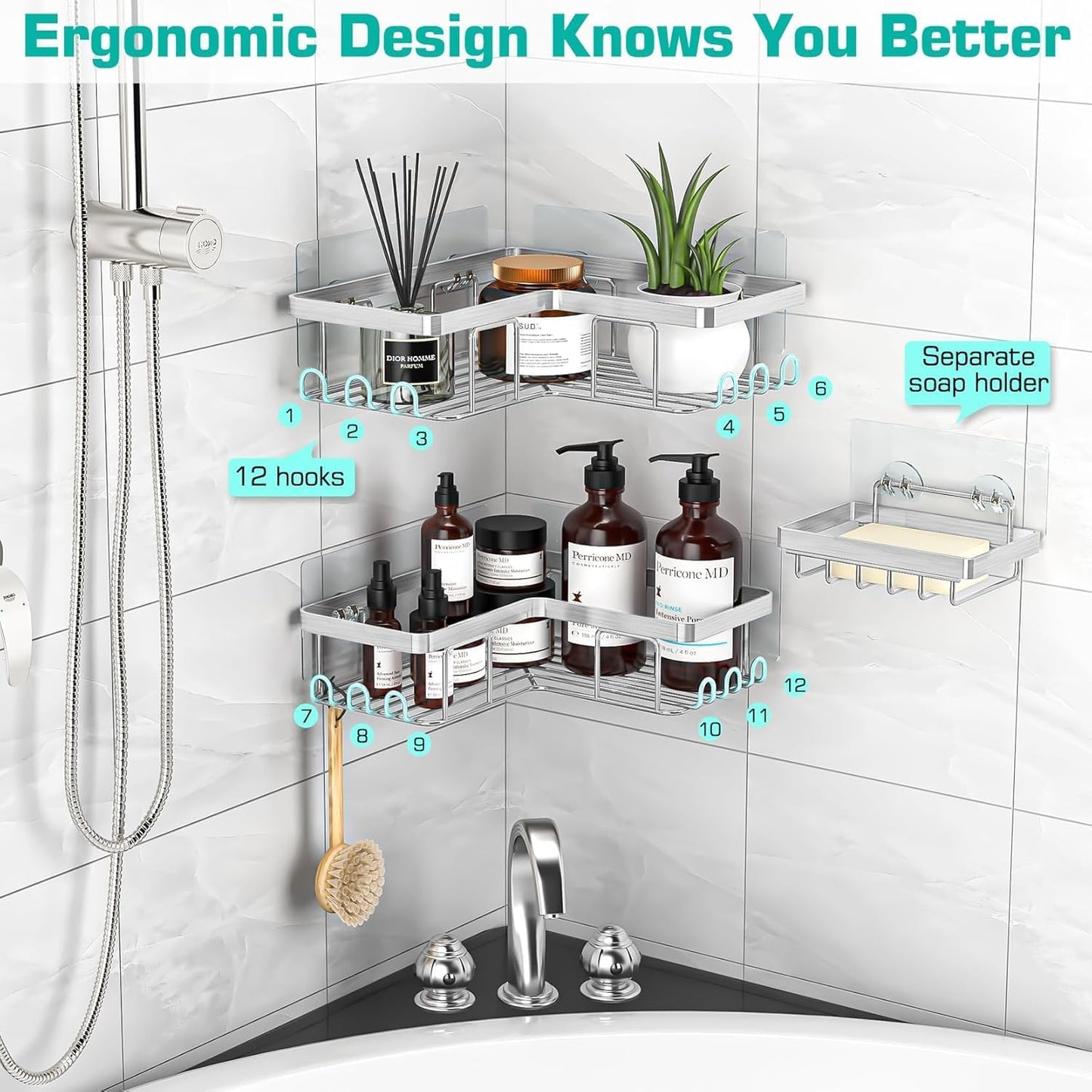 YASONIC Shower Caddy - Rustproof Stainless Steel Bathroom Organizer with Soap Holder & 12 Hooks | Brushed Silver, 3-Pack