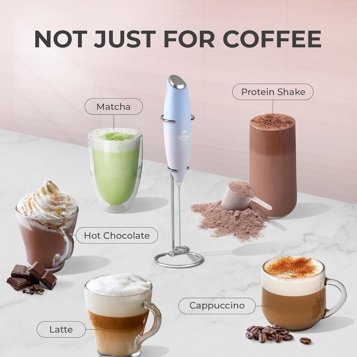Zulay Kitchen Milk Frother Wand - Ultra-Fast Handheld Electric Whisk for Coffee & Lattes | Includes 4 AA Batteries