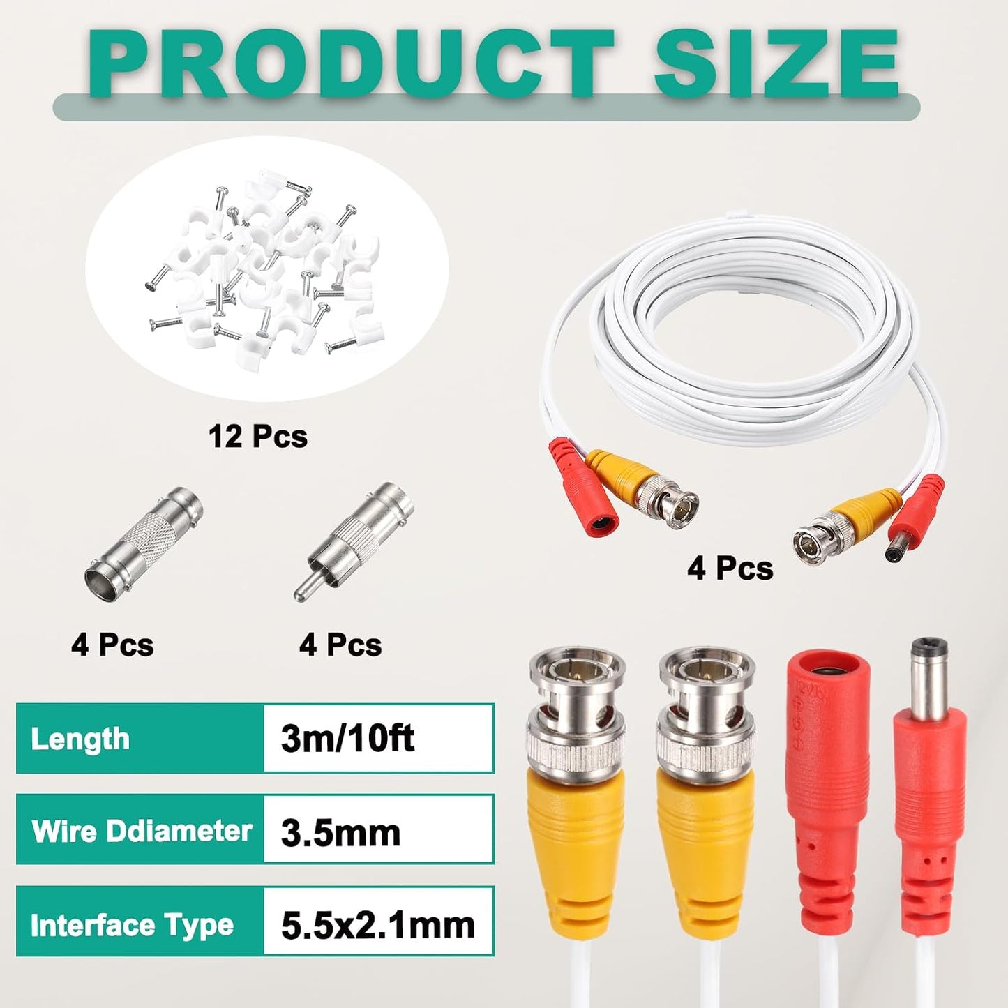 Cable,3m/10ft Cord,4 Set MECCANIXITY BNC Video Power All-in-One Security Camera Wire Cord DC Extension Wire for CCTV